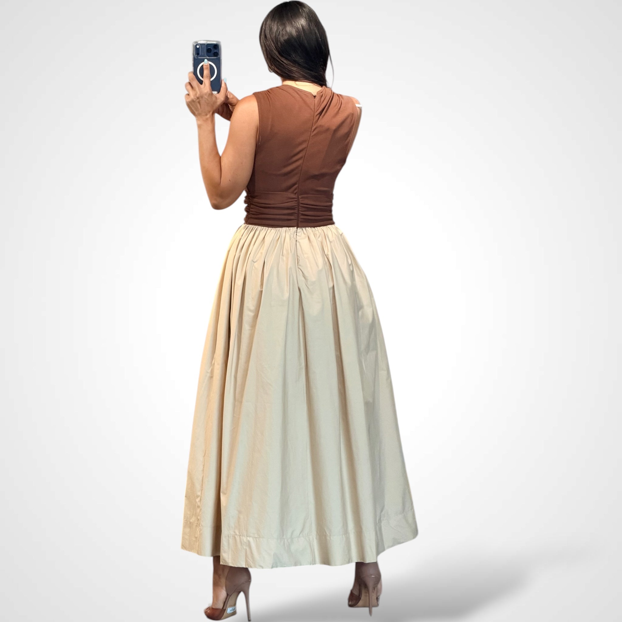 Brown Multi Solid Midi Dress•-3