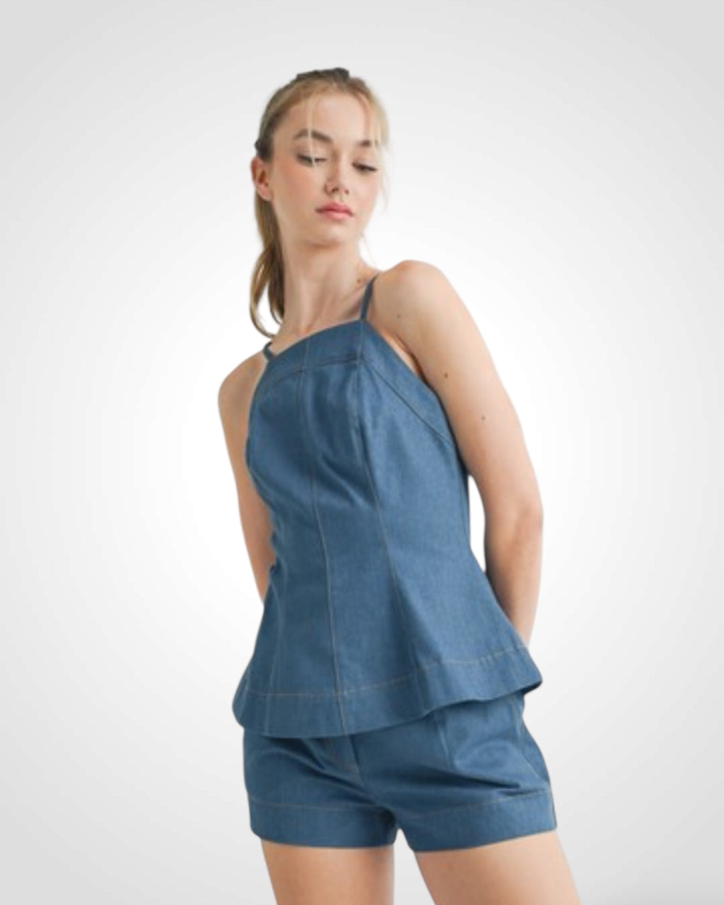 SJQ-Denim Apron Neckline Tunic Top And Shorts Set