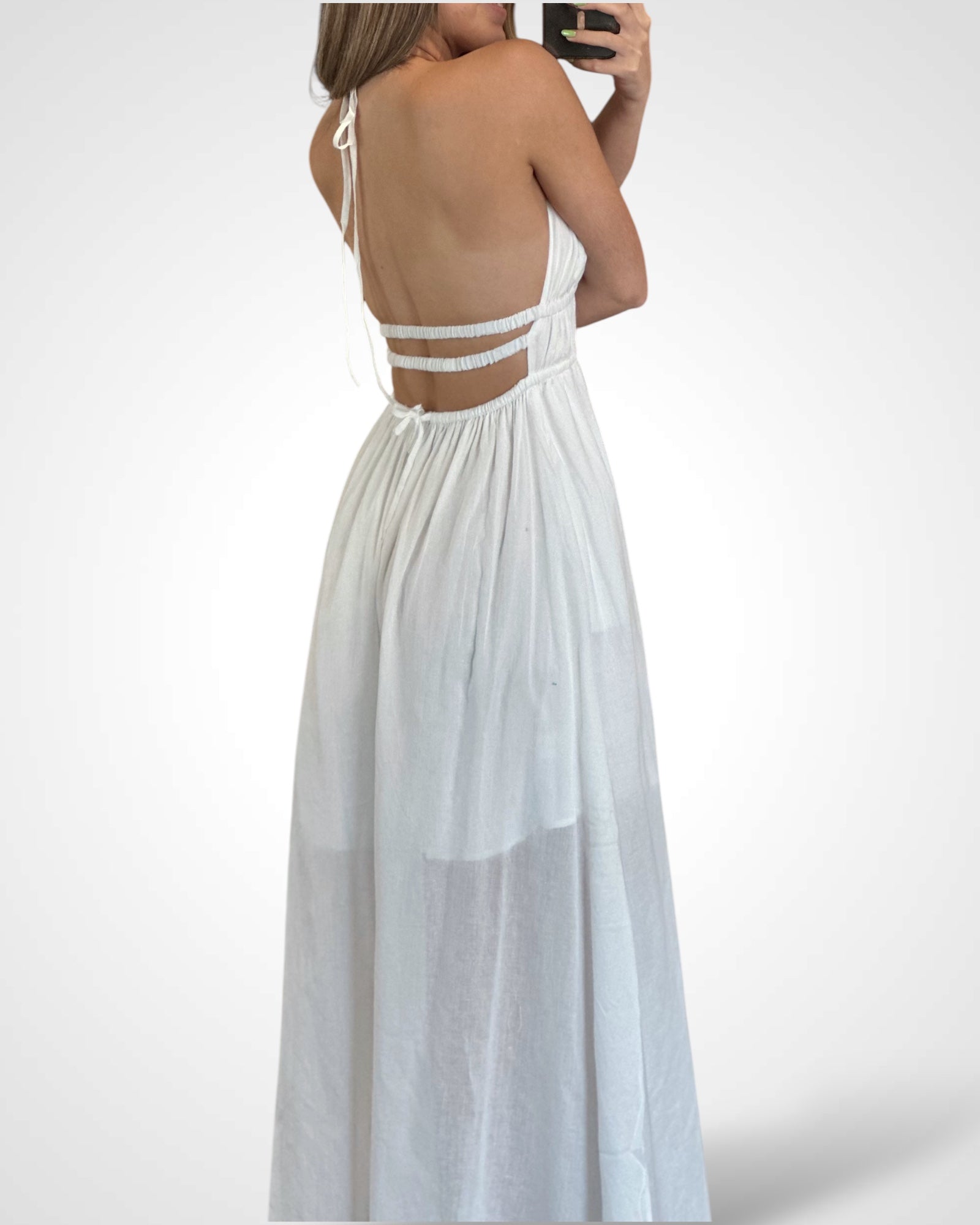 SJQ HALTER PLUNGING NECK SHIRRED WAIST MAXI DRESS