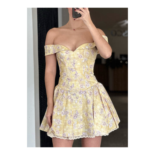 Oana Floral Print Linen Off Shoulder Mini Dress