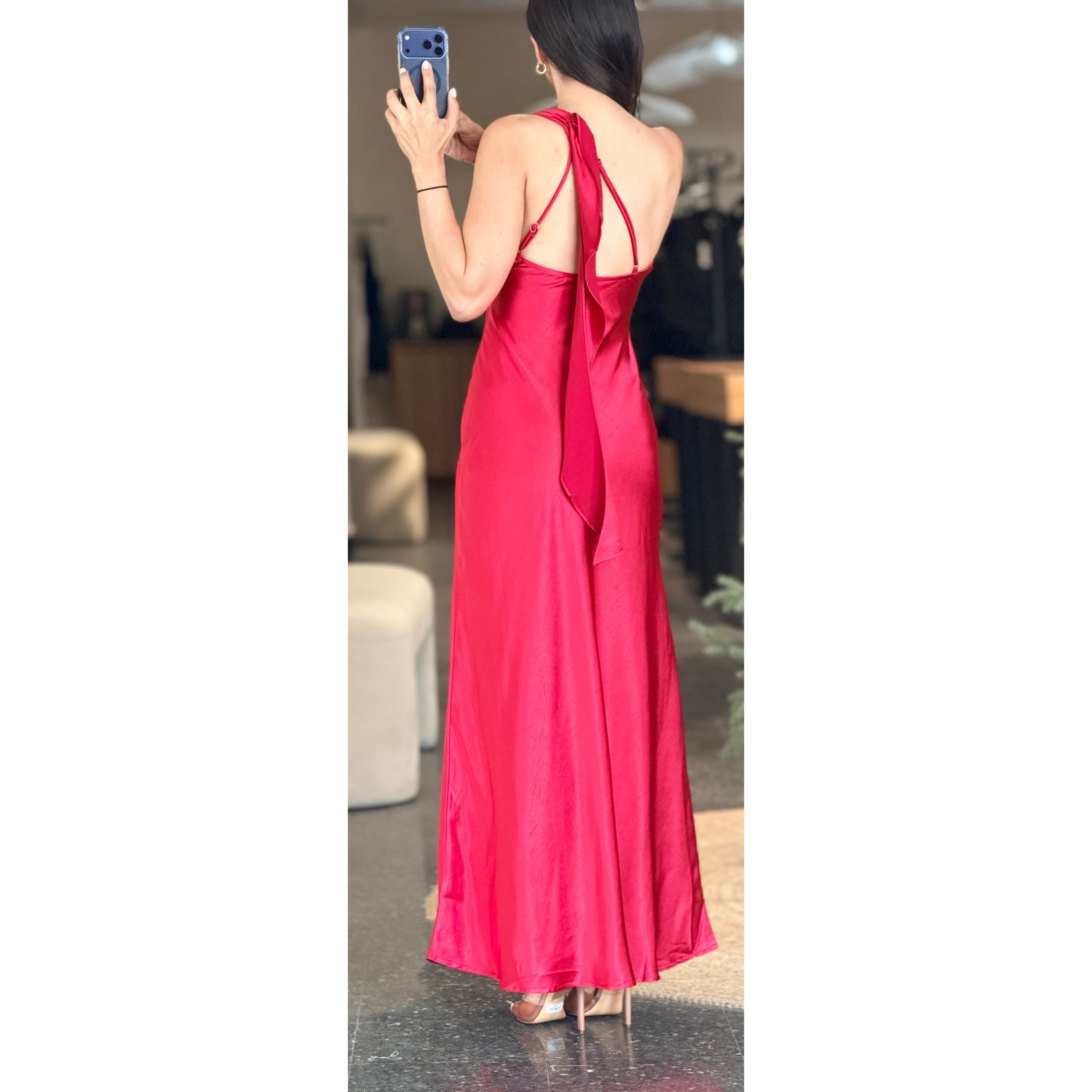One Shoulder Satin Maxi Dress•-3