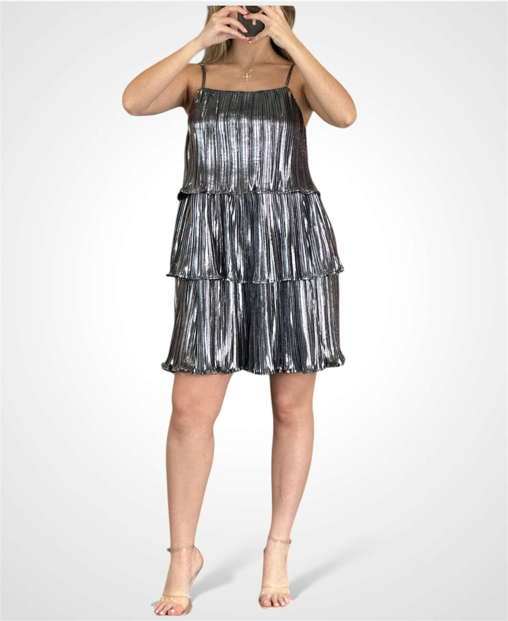 SLEEVELESS RUFFLE TIERED TUNIC SHIMMER MINI DRESS