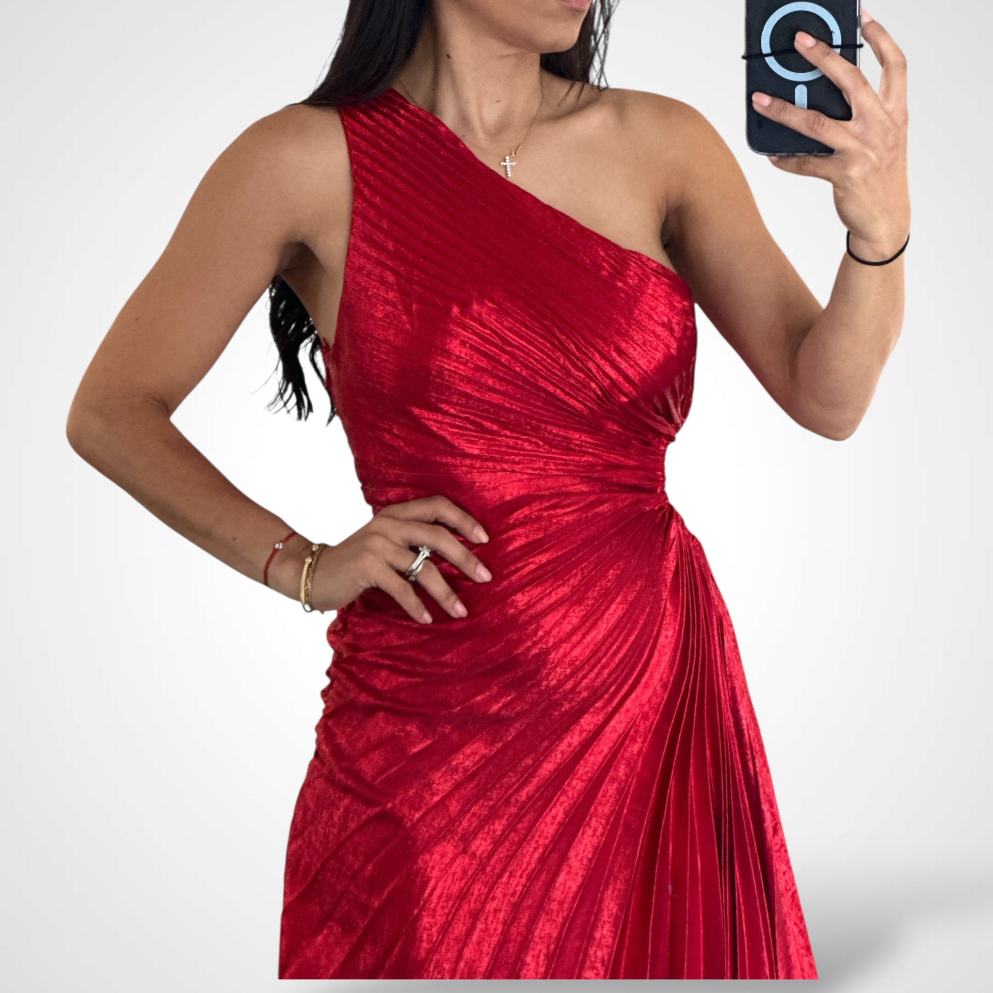 Red Metallic Pleated One S Dress