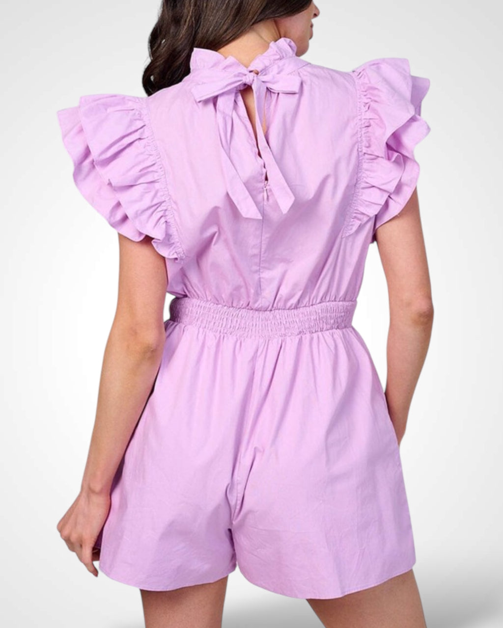 RUFFLE SLEEVE MOCK NECK SMOCK WAIST ROMPER (Lavanda)
