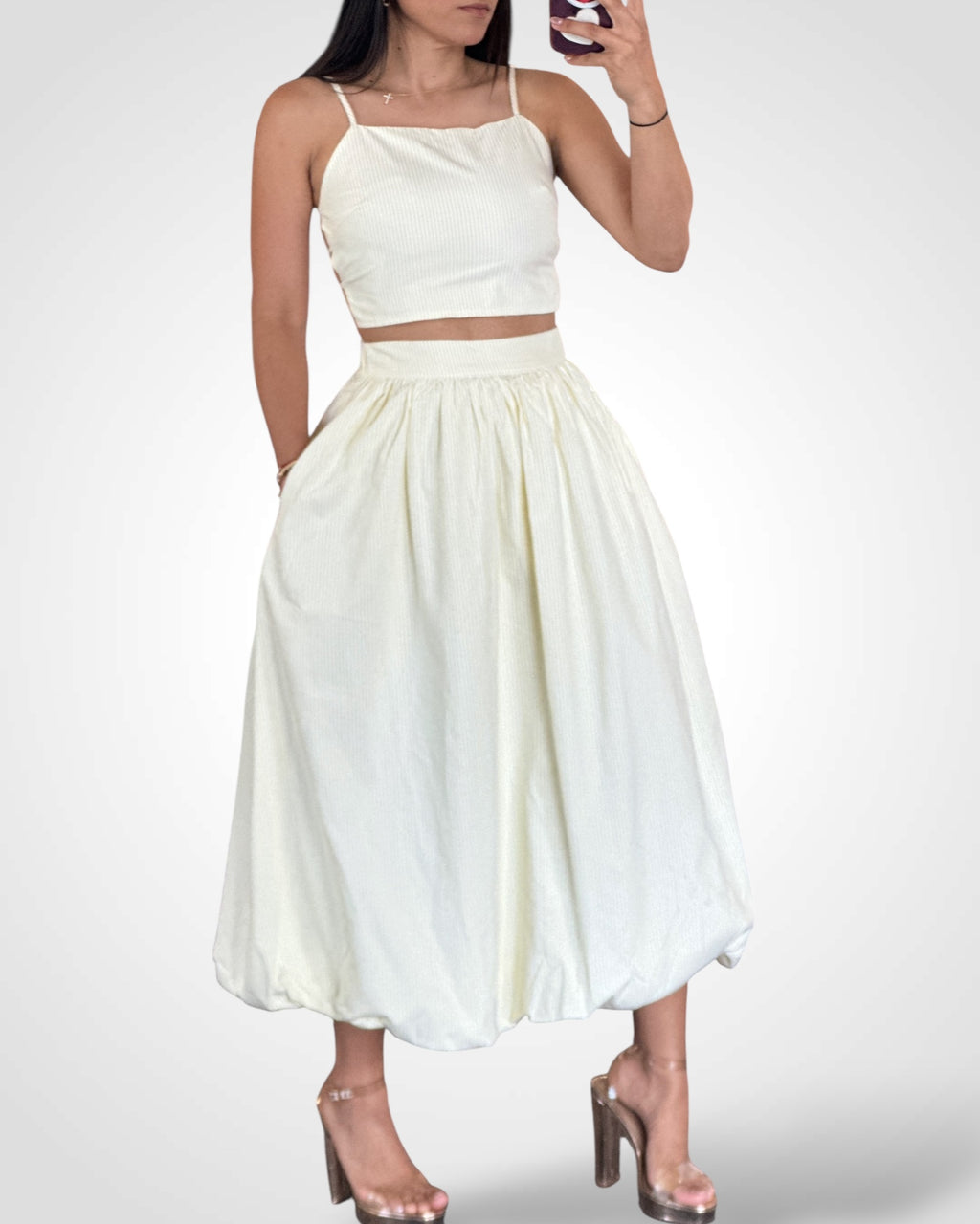 BACK TIE DETAIL SPAGHETTI TOP WITH BUBBLE HEM MIDI SKIRT