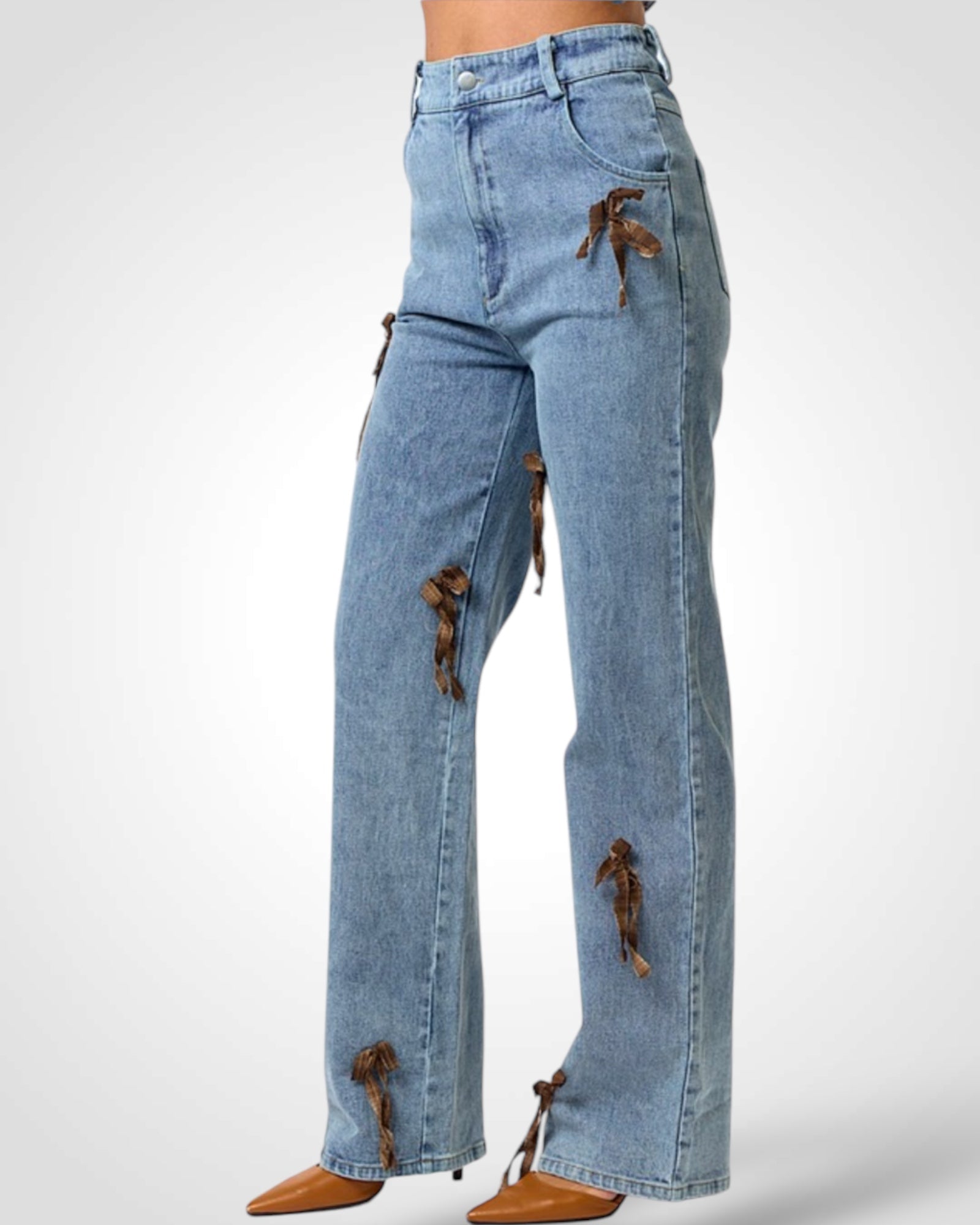 PLAID BOW DETAIL DENIM PANTS•-2