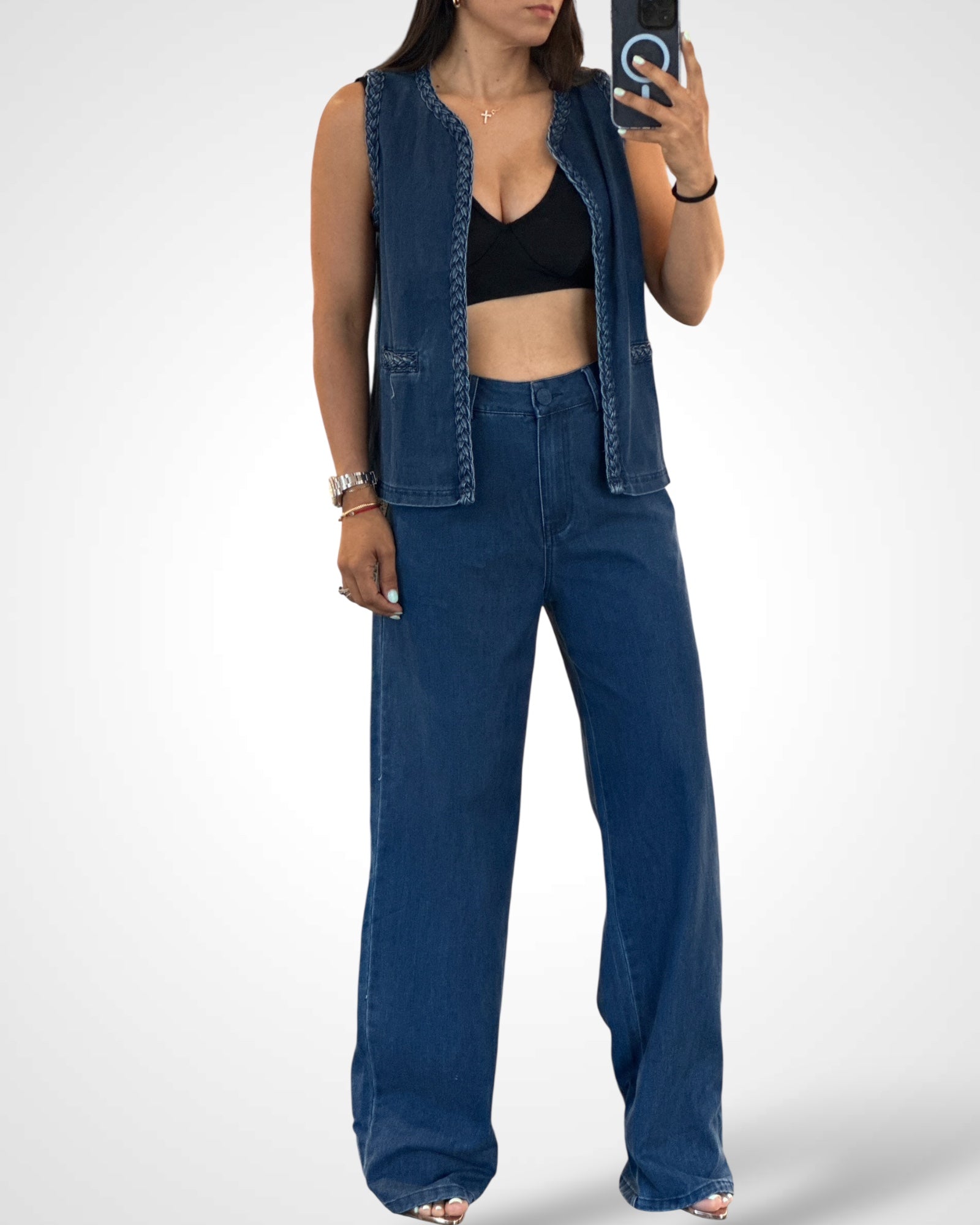 BRAIDED DENIM VEST AND PANTS SET•