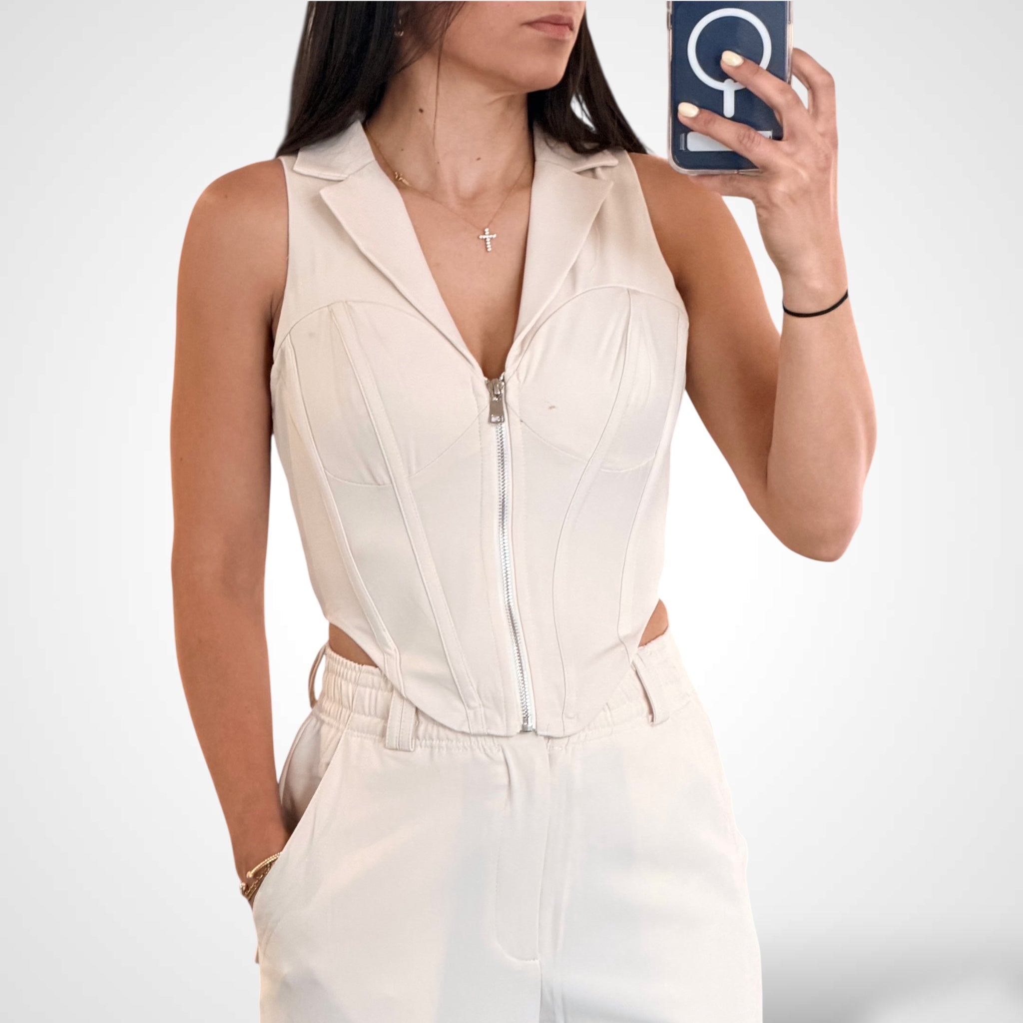 Crop Top Button Closure Pants Solid 2pc. Set•-2