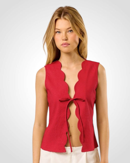 LINEN SCALLOP FRONT TIE TOP