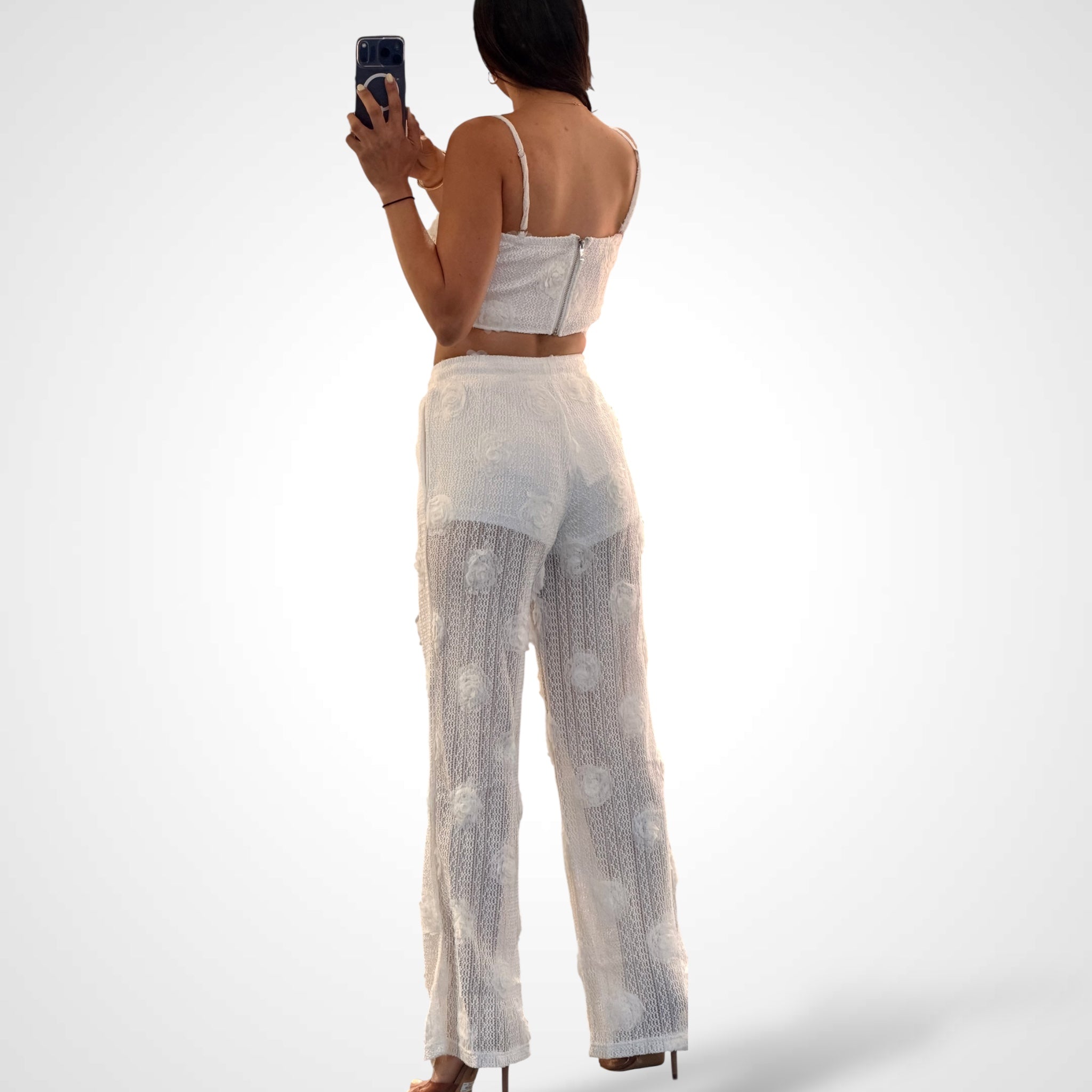 Crop Top Elastic Waist Pants Flower Lace Set•-4