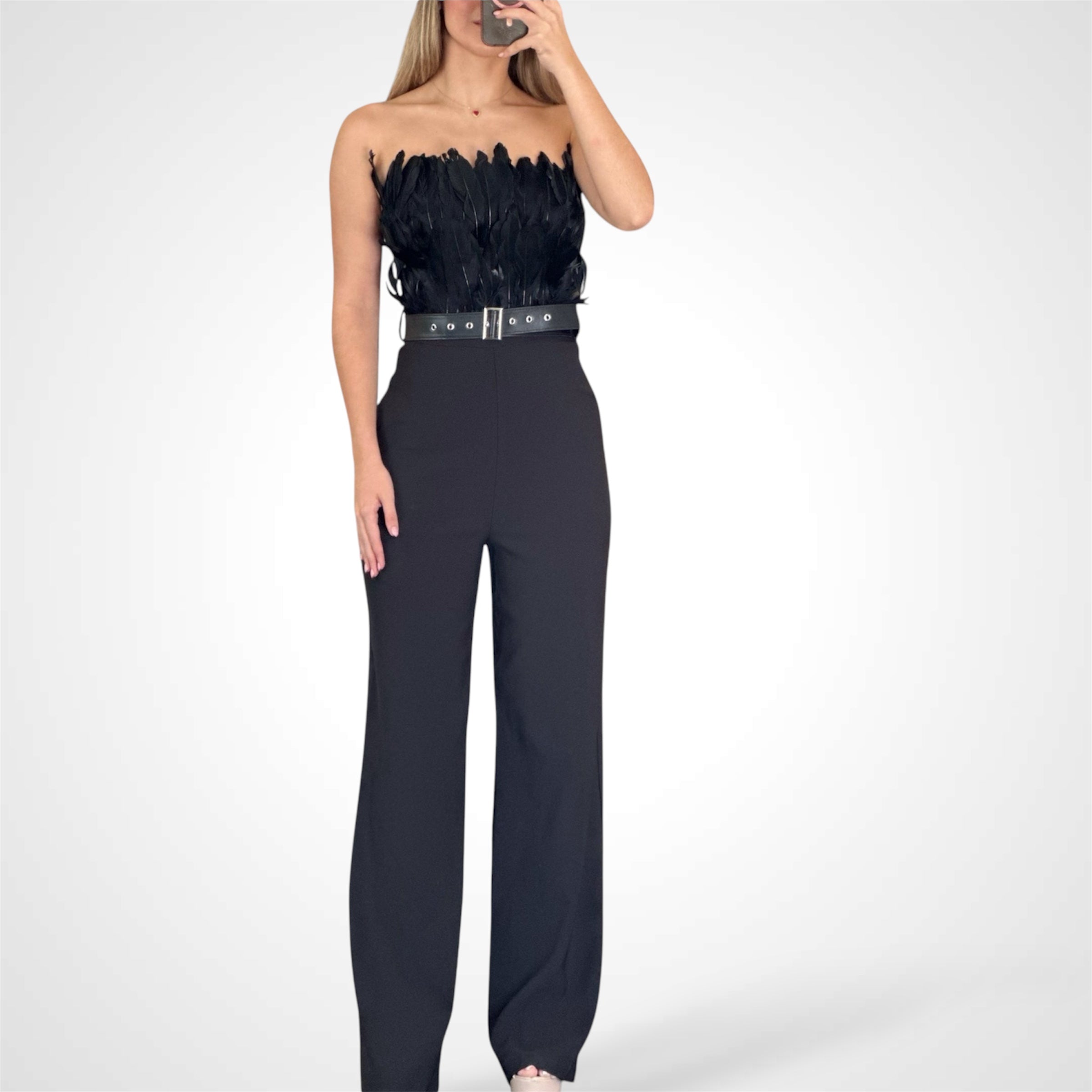 ELEGANT FEATHER BODICE JUMPSUIT•