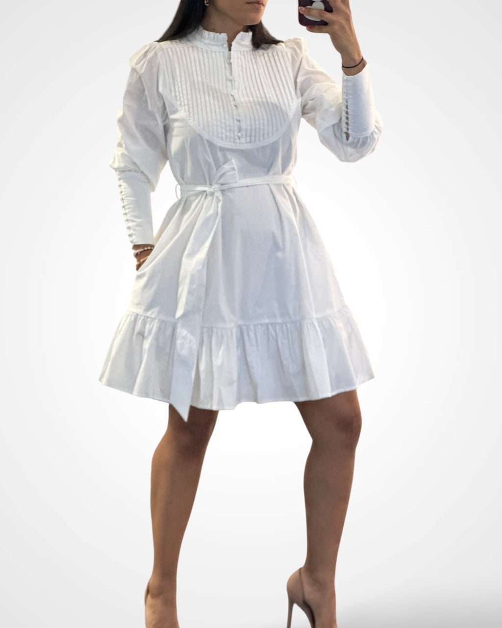 Button Up Self Tie Pockets Tiered Mini Dress