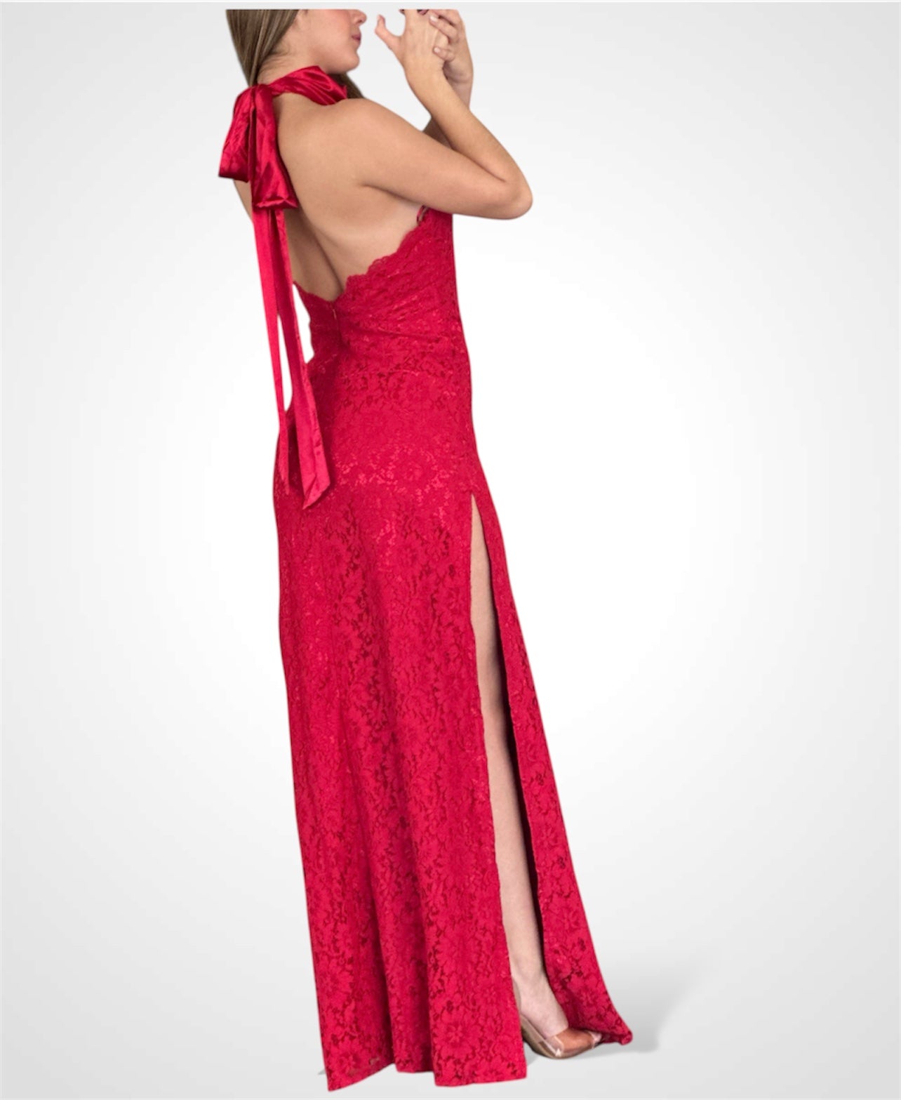 RED FLORAL LACE HALTER TIE MAXI DRESS•-3