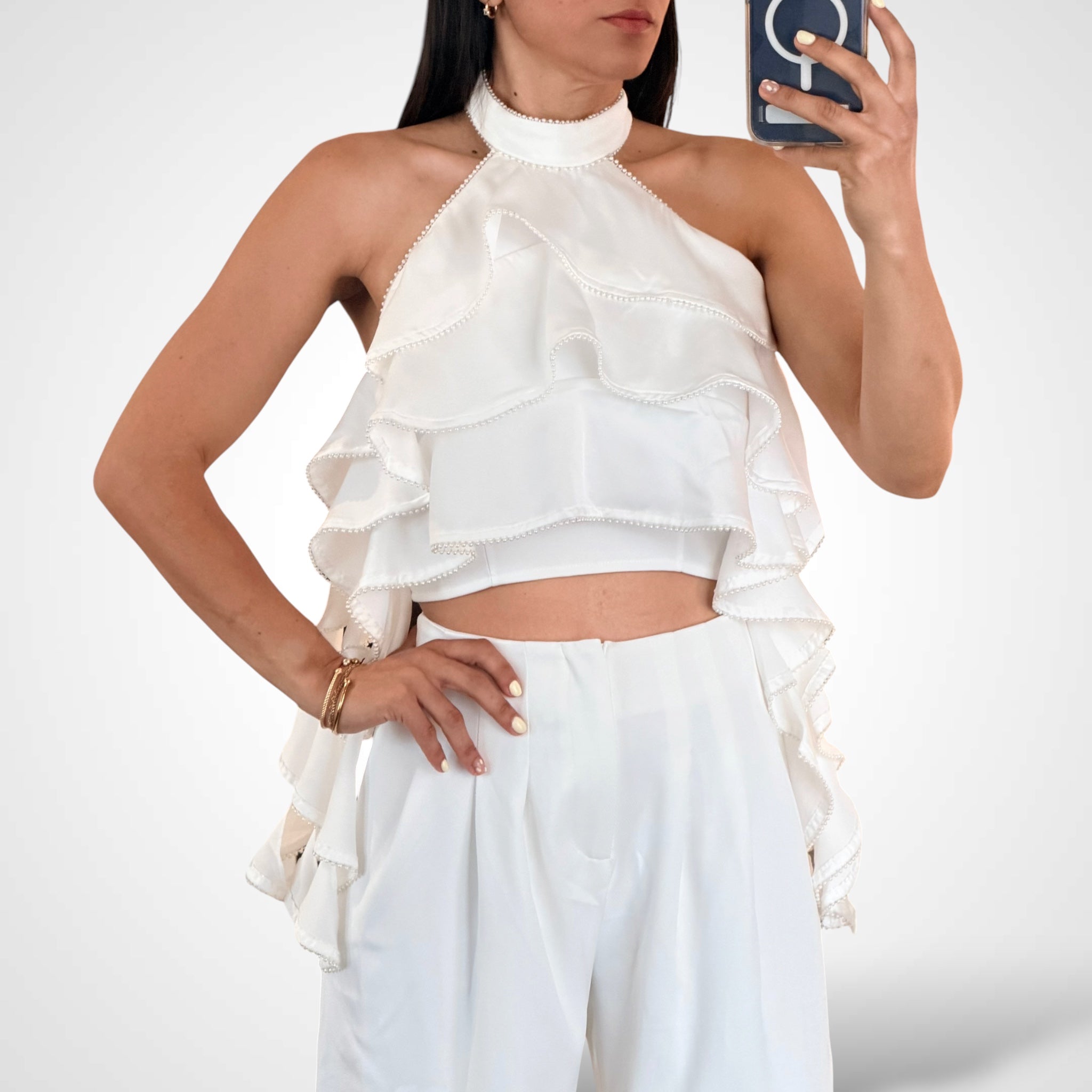 LUXE CREPE BEADS EDGE TRIM RUFFLED TOP & PANTS SET-2