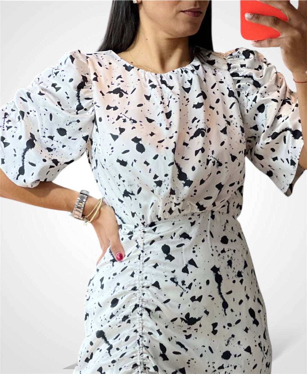 Short Sleeve Ruched Drawstring Detail Midi Dress