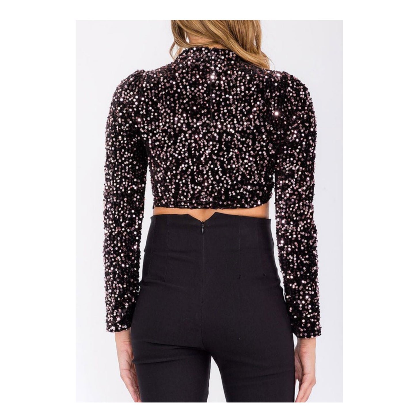 LONG SLEEVE MOCK NECK SEQUINS CROP TOP