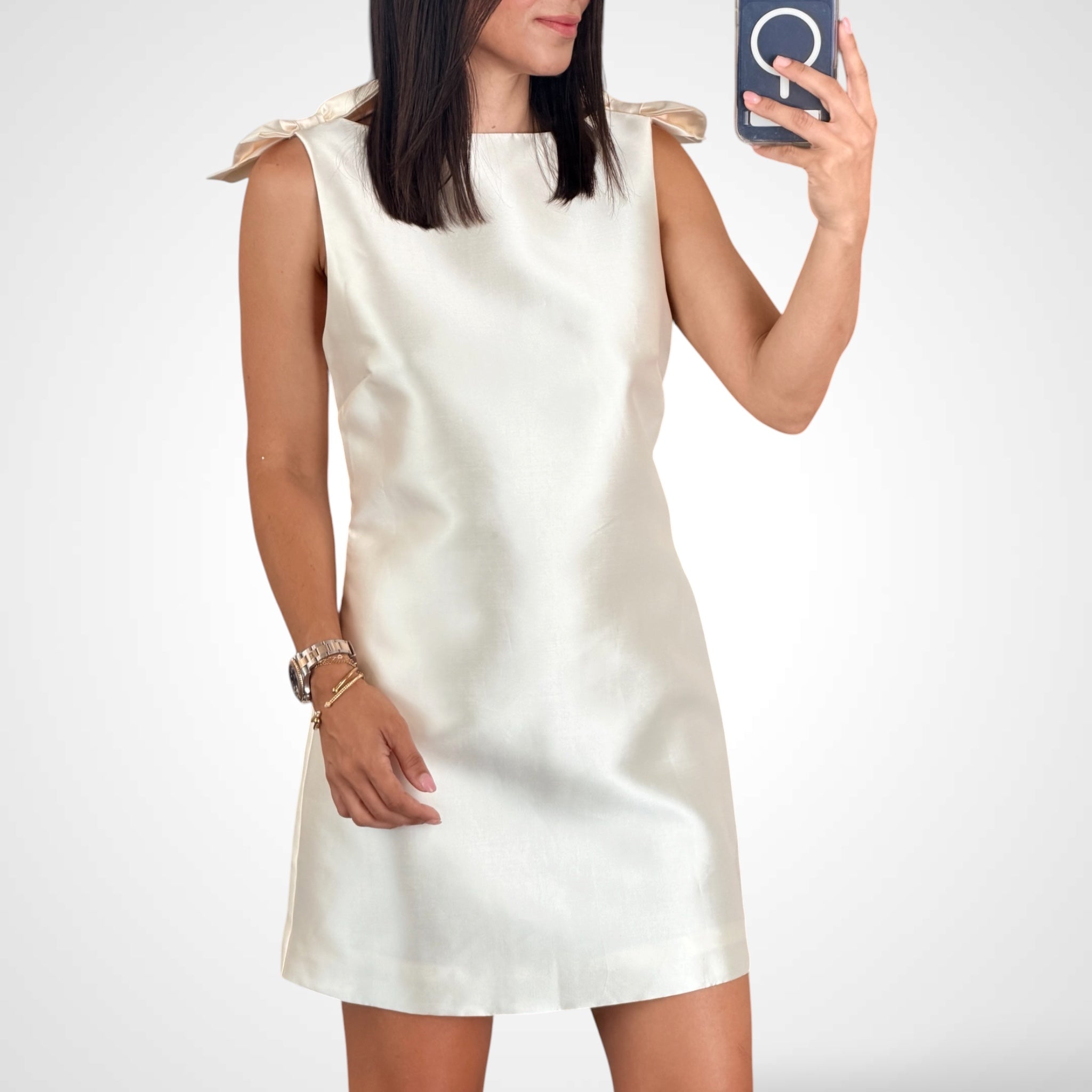 Satin Bow Shoulder Mini Dress-2
