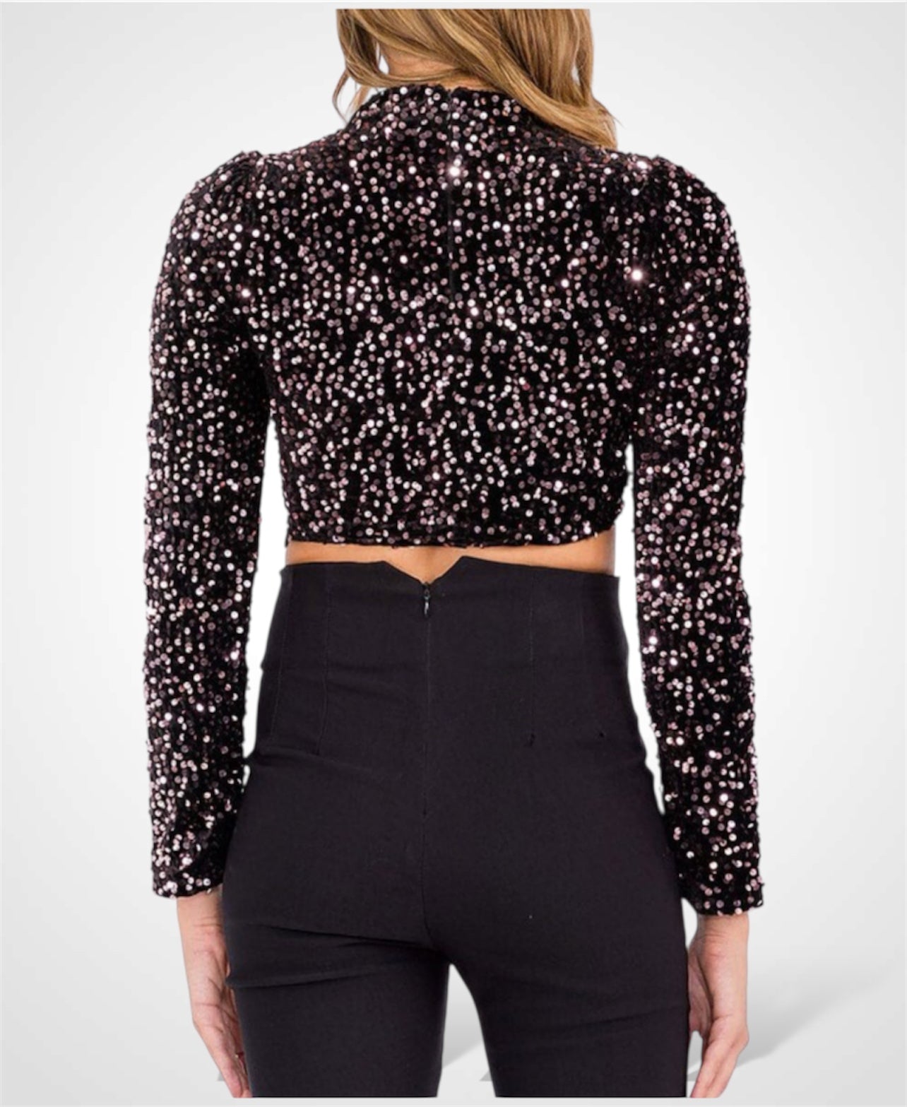 LONG SLEEVE MOCK NECK SEQUINS CROP TOP