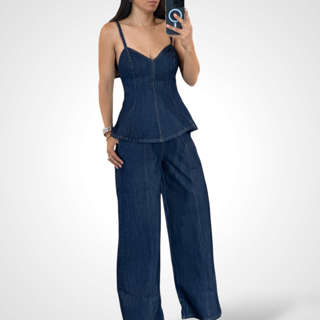 SJQ-DENIM GODET TOP AND LONG PANTS SET