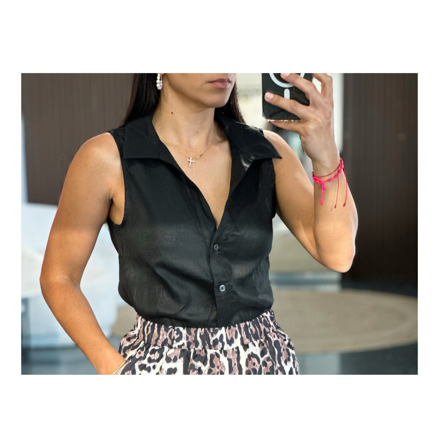 Black Linen Neck Top