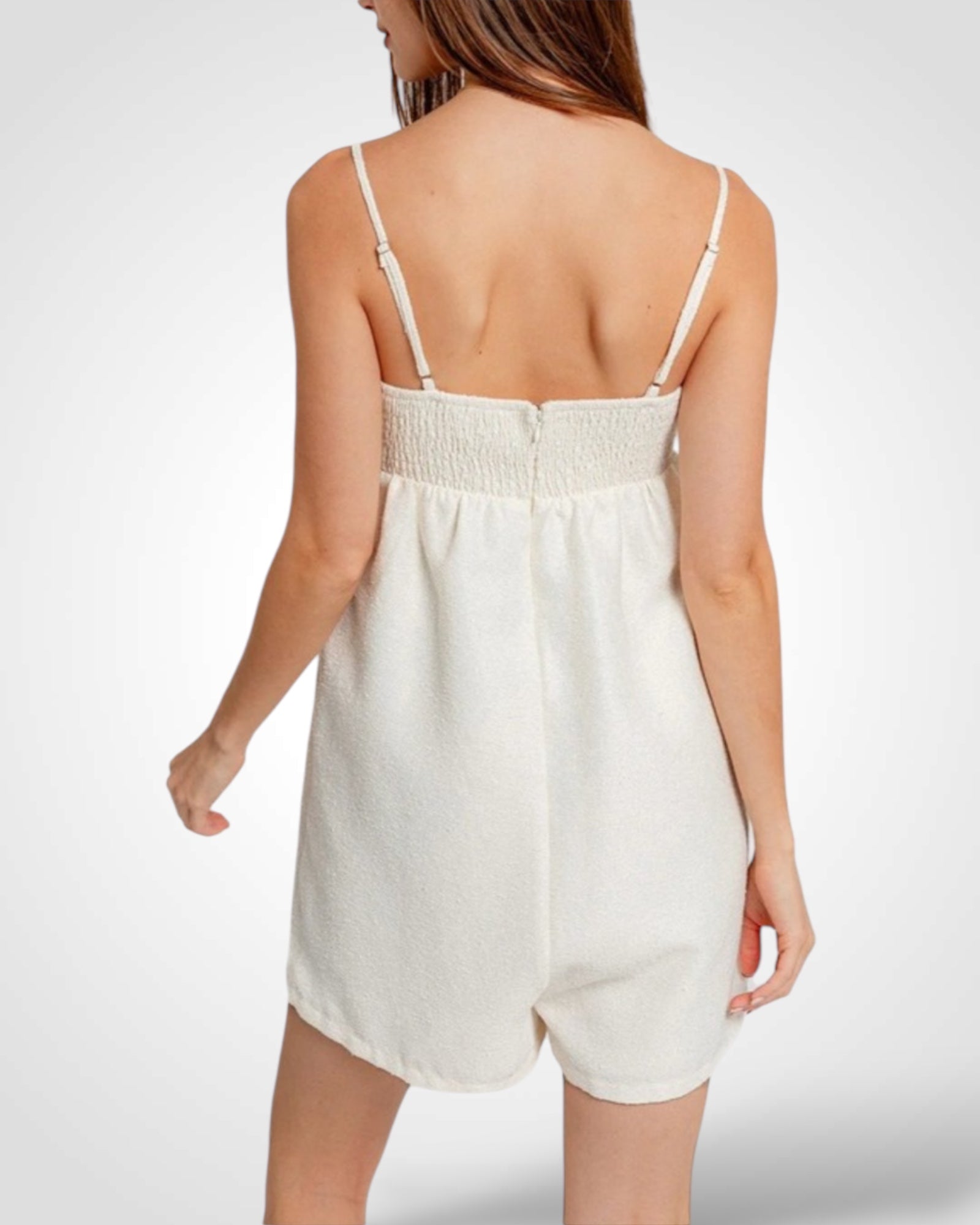 SLEEVELESS SIDE POCKET SMOKED BACK BABYDOLL ROMPER•-2