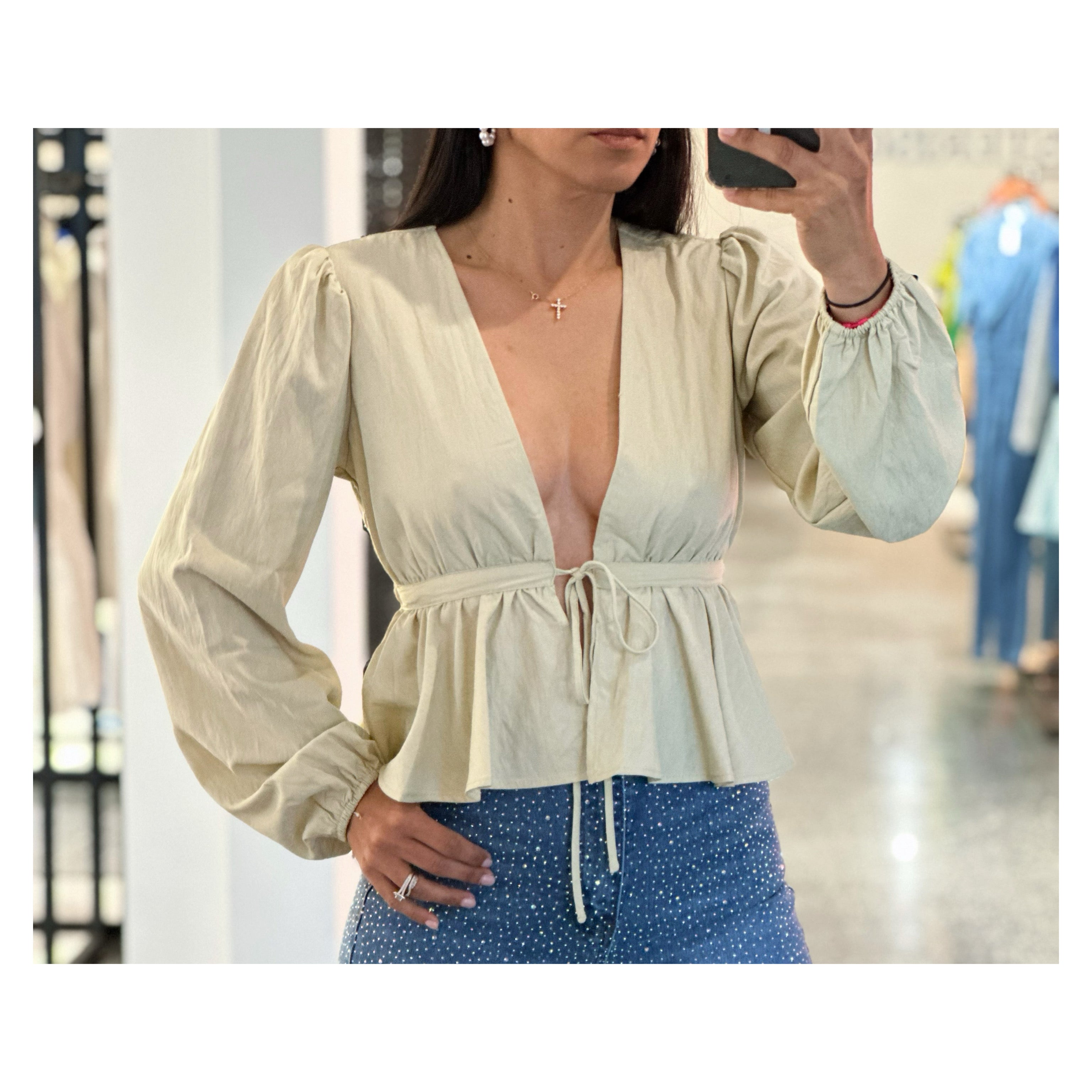 Sage Long Sleeve Tie Top•