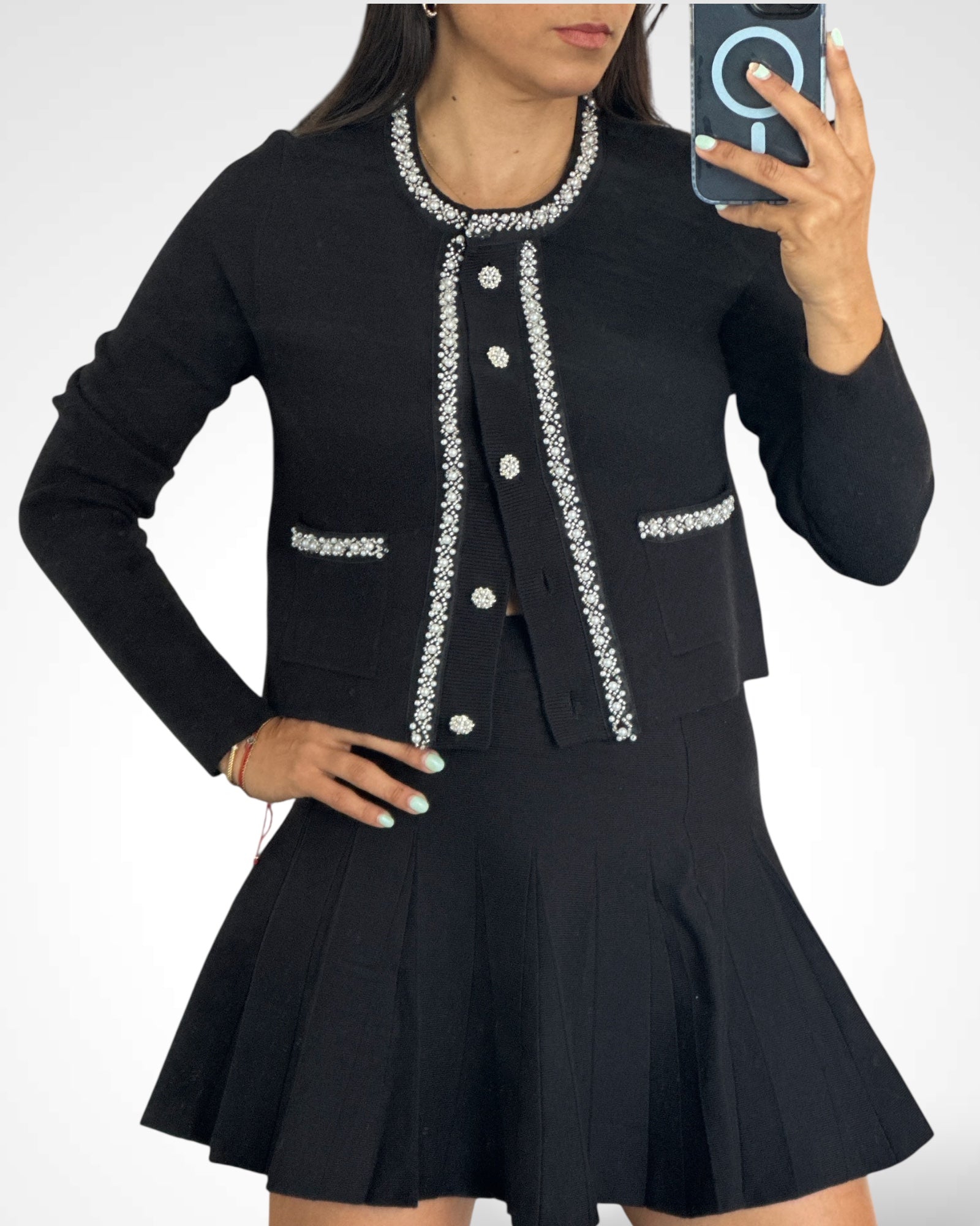 PEARL BEADED DETAIL CARDIGAN AND PLEATED MINI SKIRT SET•-1