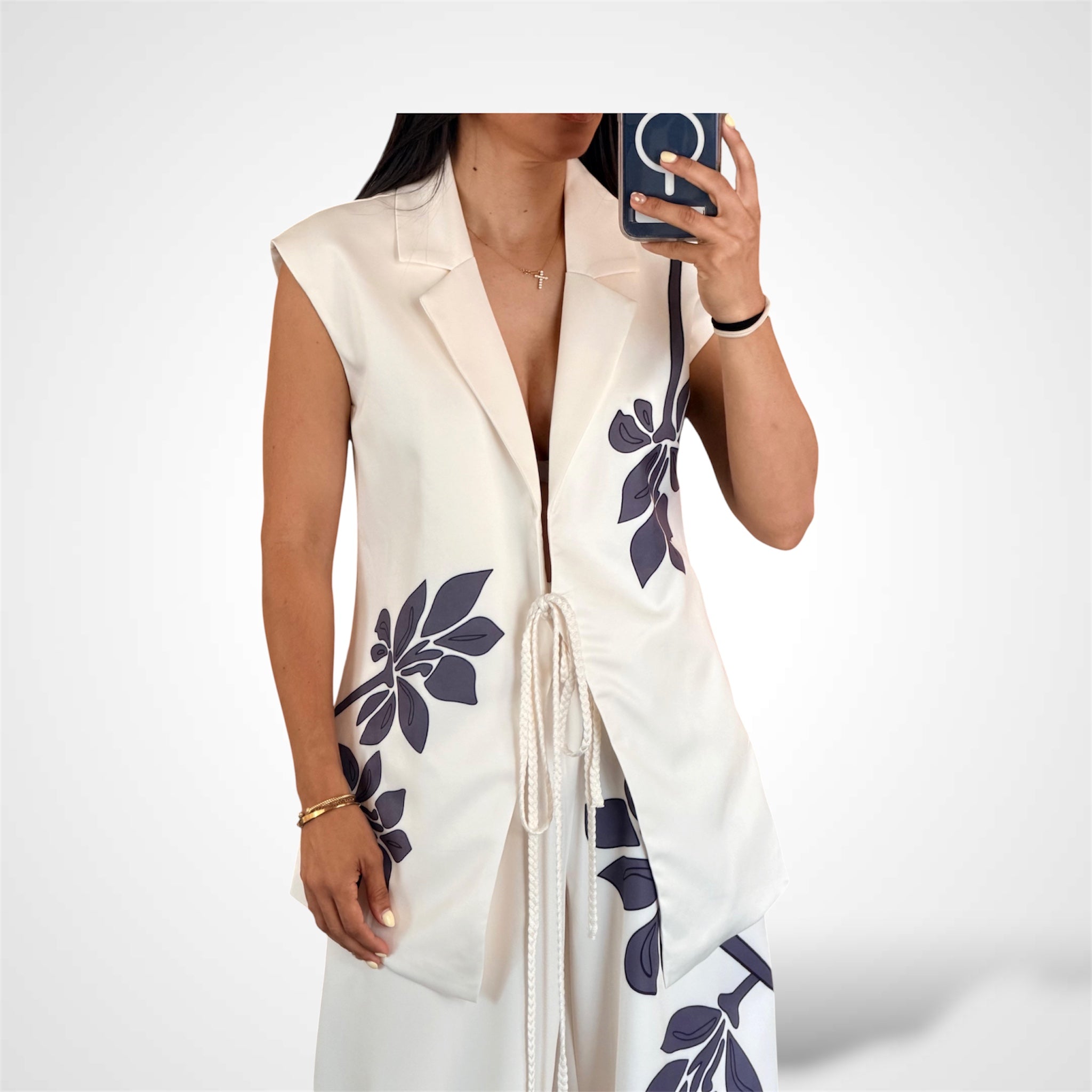 Botanical Print Wrap Vest and Wide Leg Pants Set-2