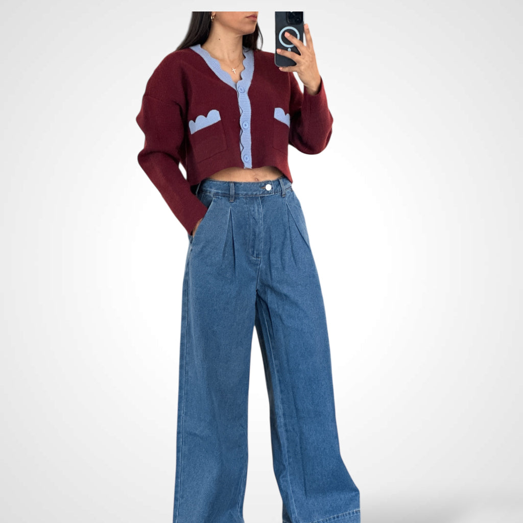 PLEATED WIDE LEG DENIM TROUSERS