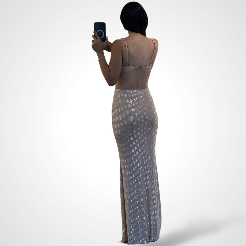 Rhinestone embellished bra top and long skirt