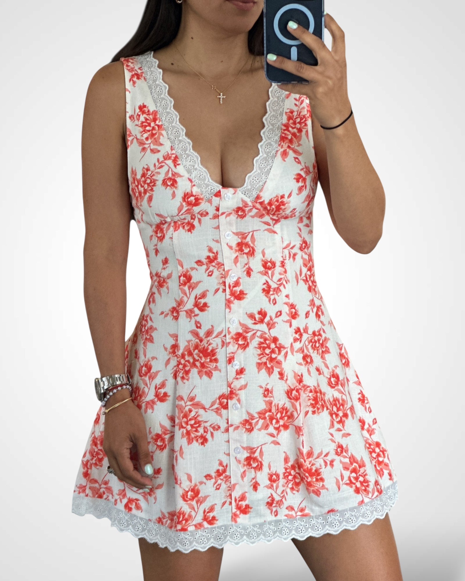 Vibrant Floral Scallop Lace Mini Dress
