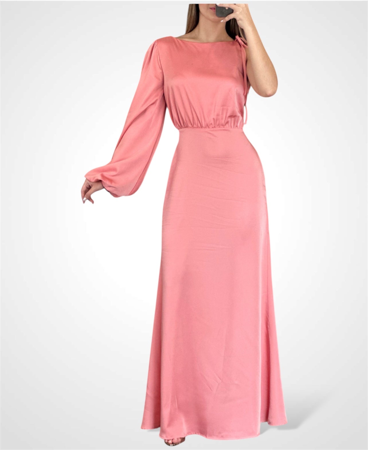 ONE SLEEVE TIE NECK FLARED SATIN MAXI DRESS•-1