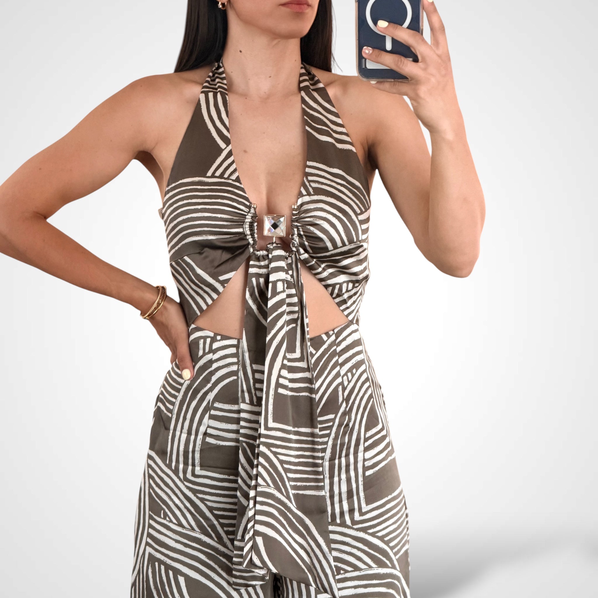 WOVEN PRINT W/ HARDWARE TRIM JUMPSUIT-2