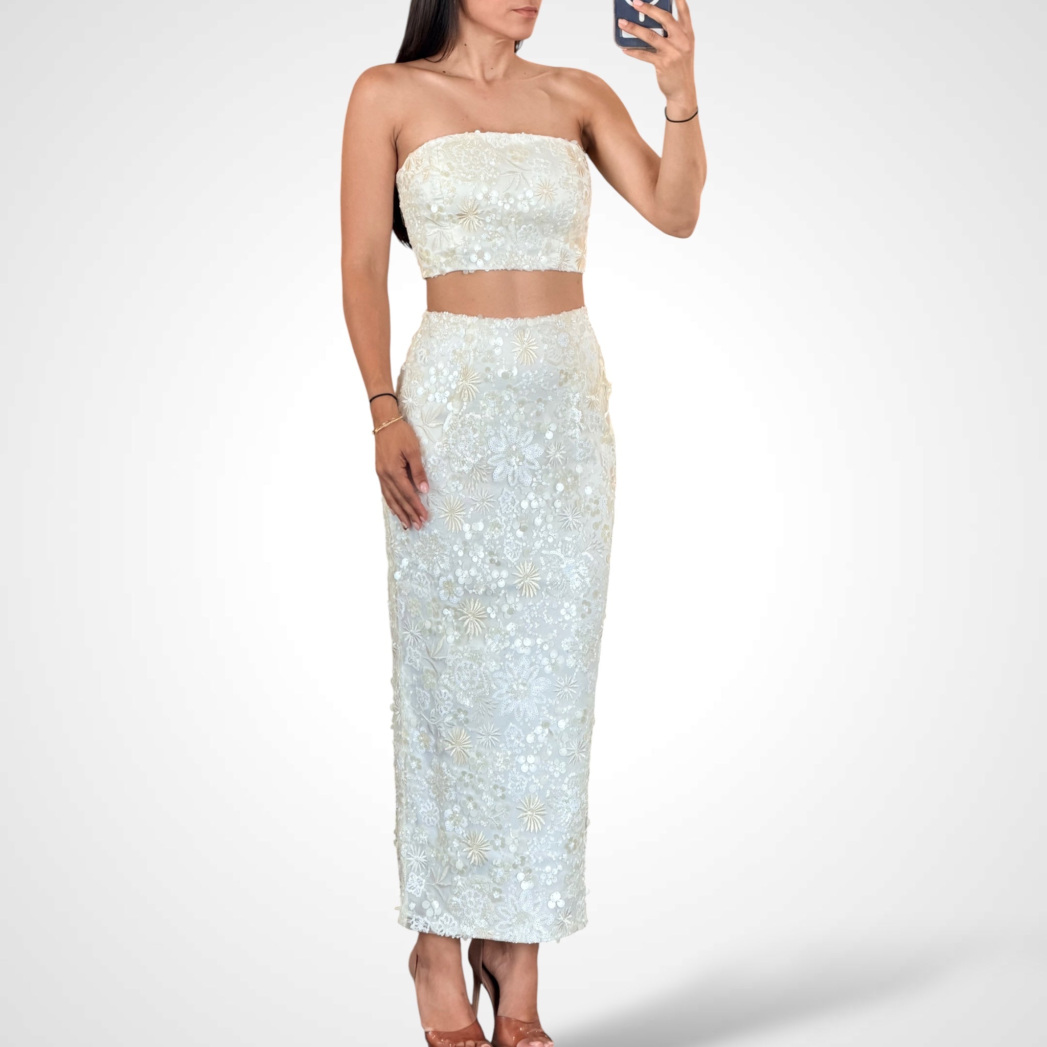LT YELLOW SEQUIN TUBE TOP AND MIDI SKIRT SET•