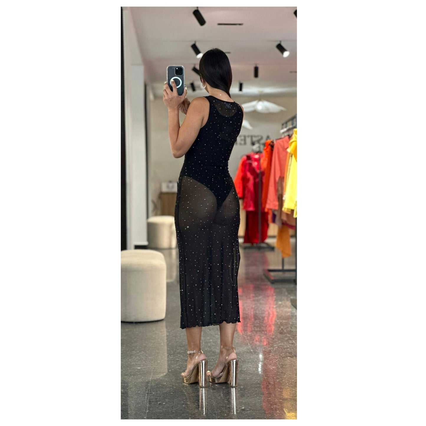 ROUND NECK SLEEVELESS GRADATION HOT FIX MIDI DRESS (No incluye el bodysuit)