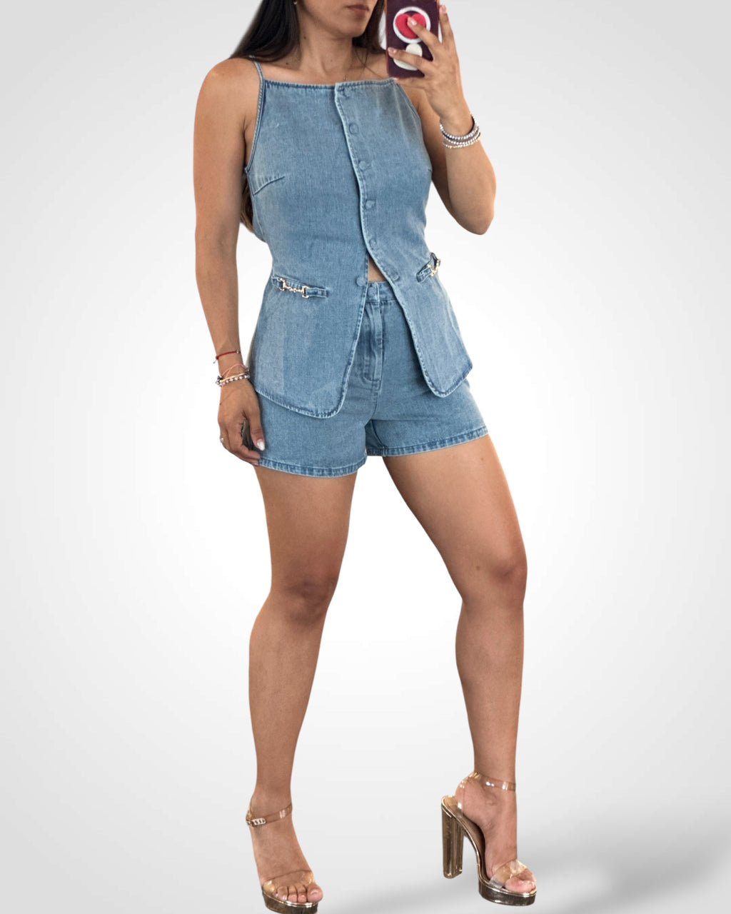 Denim Short Set Detail Silver