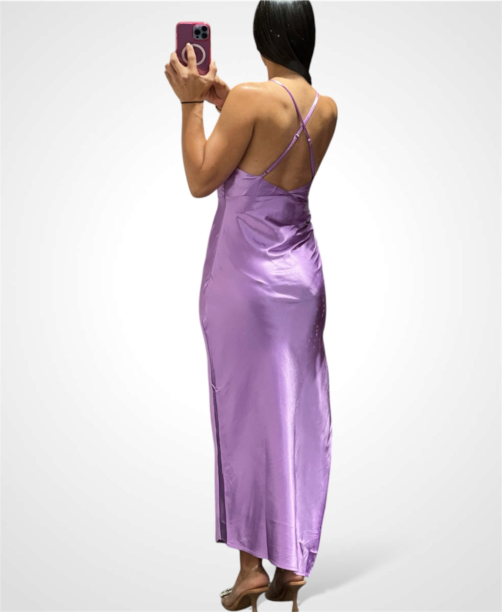 SATIN SURPLIC WRAP RUCHED SLIT MIDI DRESS
