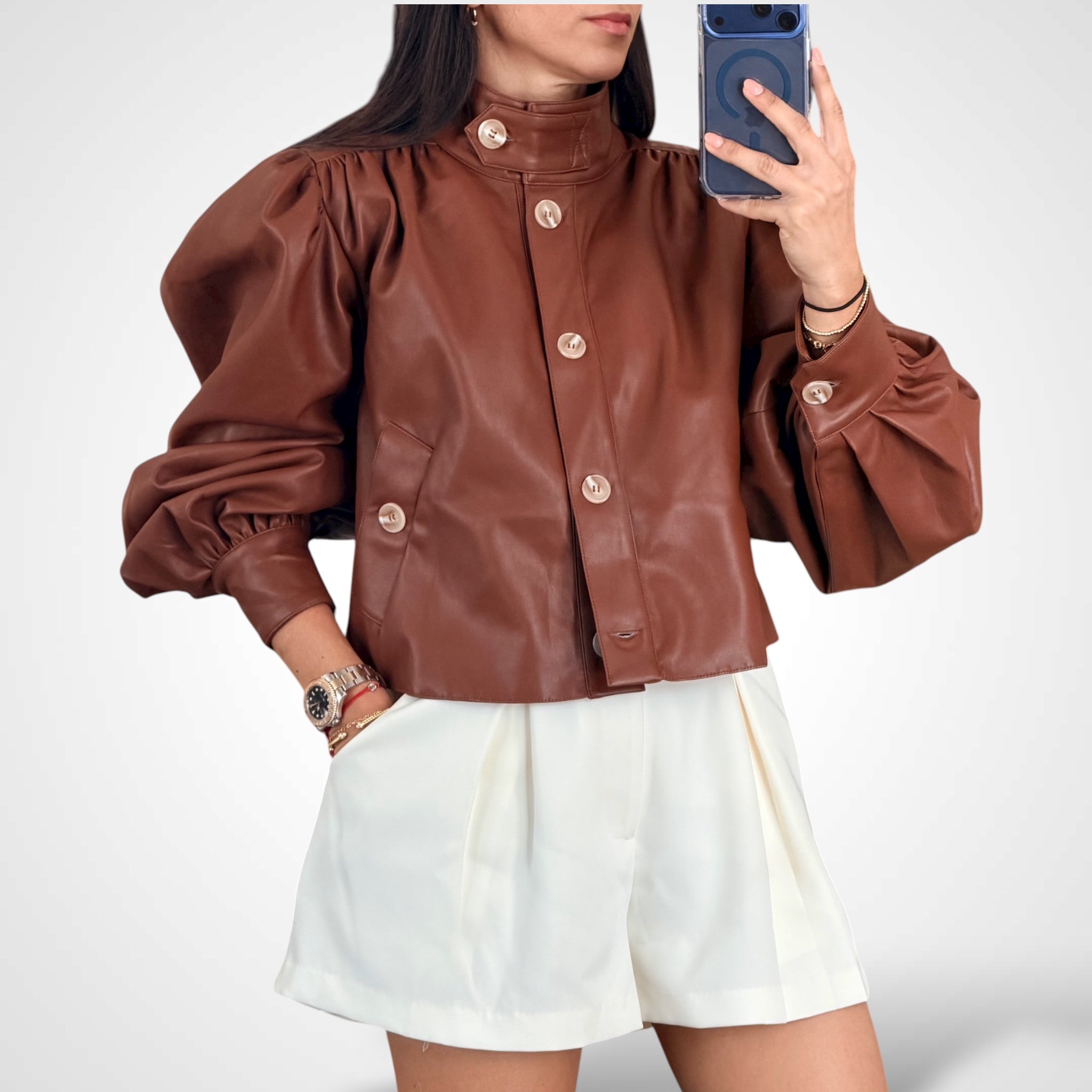 PUFF SLEEVE FAUX LEATHER CROP JACKET•-2