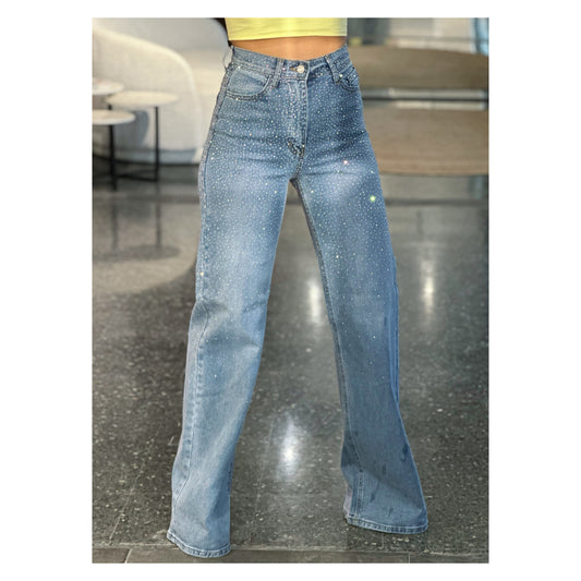 IRIDESCENT RHINESTONE HIGH-RISE WIDE LEG JEANS