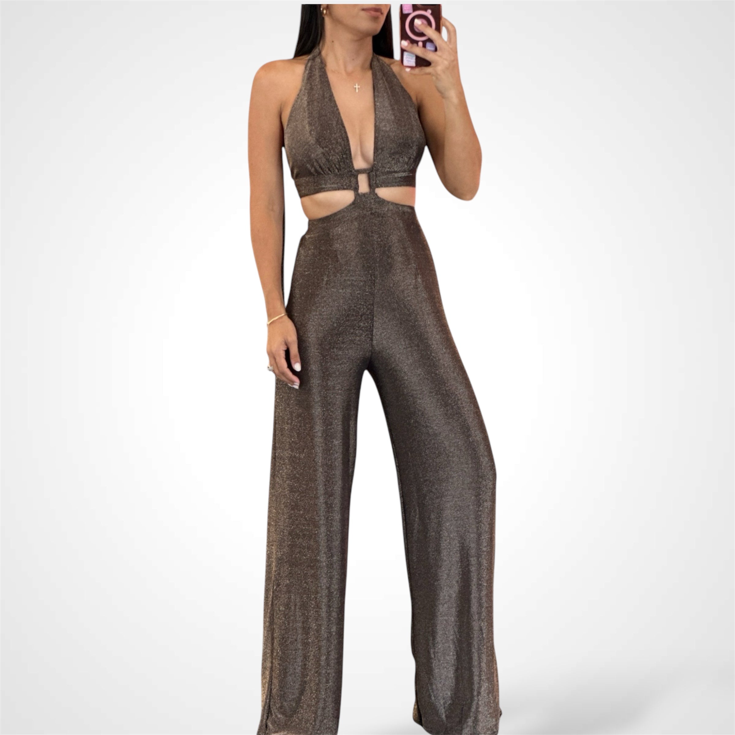 METALLIC KNIT HALTER CUT OUT WAIST OPEN/TIE BACK JUMPSUIT•-1