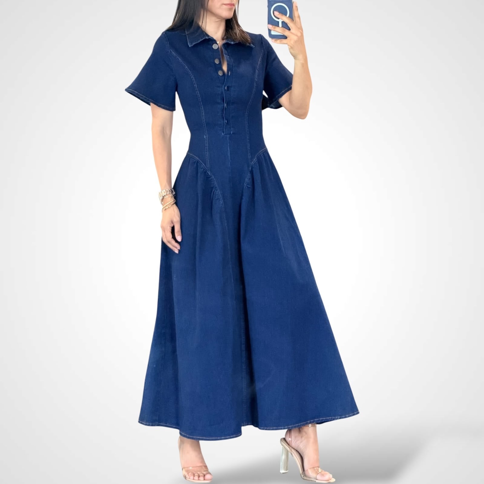 Fitted Denim Maxi Dress•