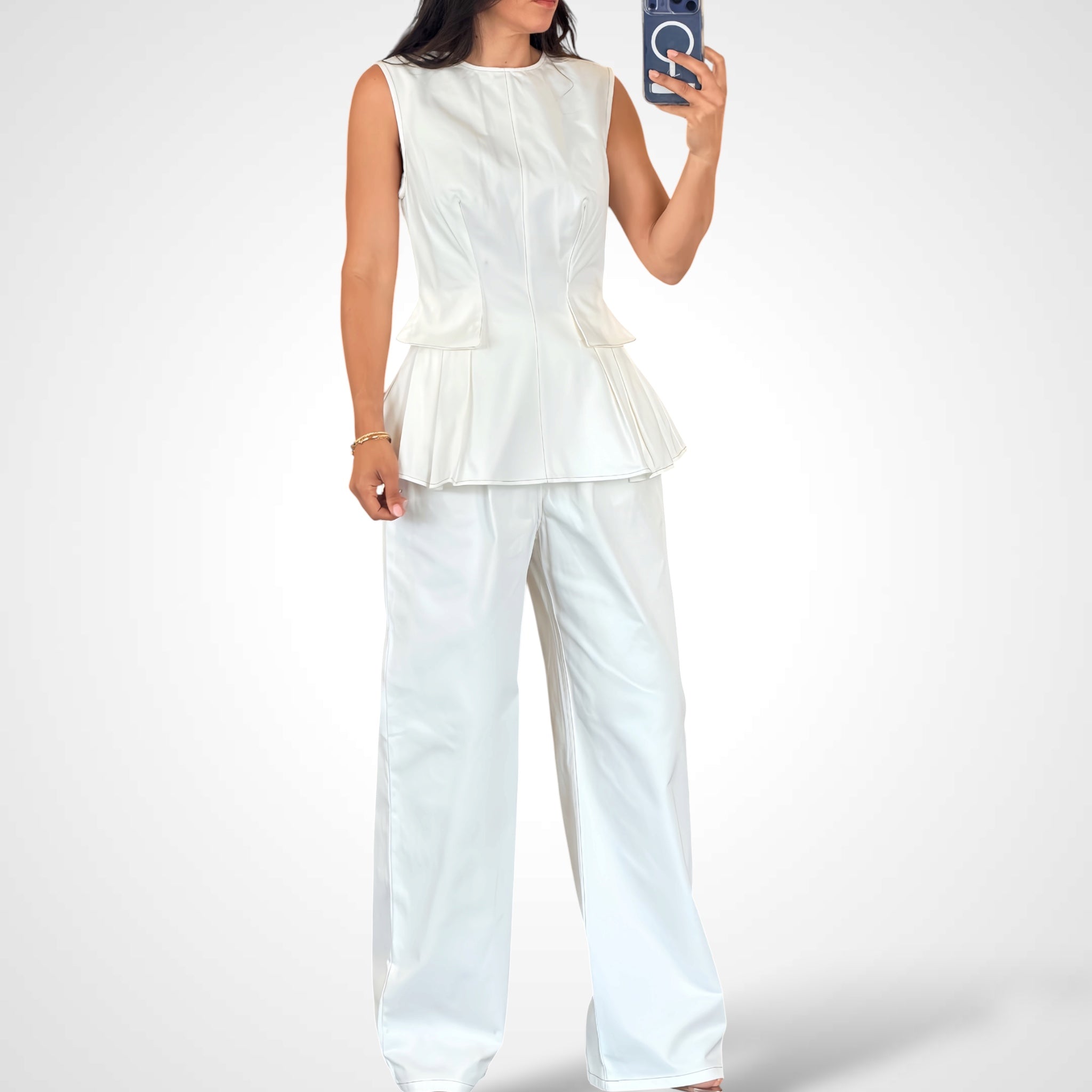 PEPLUM SLEEVELESS TOP AND STRAIGHT PANTS SET•