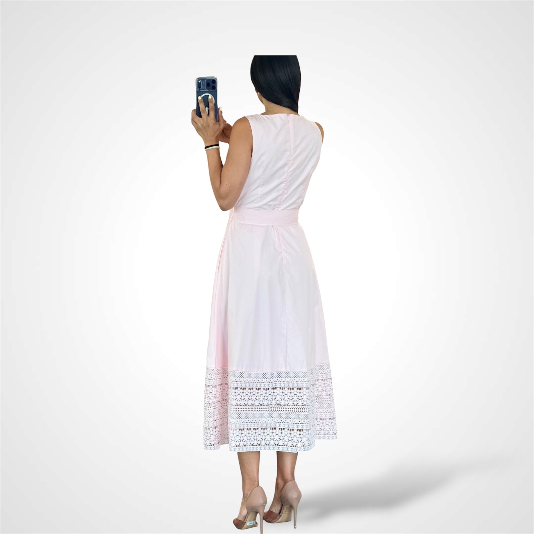 Sleeveless Square Neck Midi Dress with Eyelet Lace Hem-3