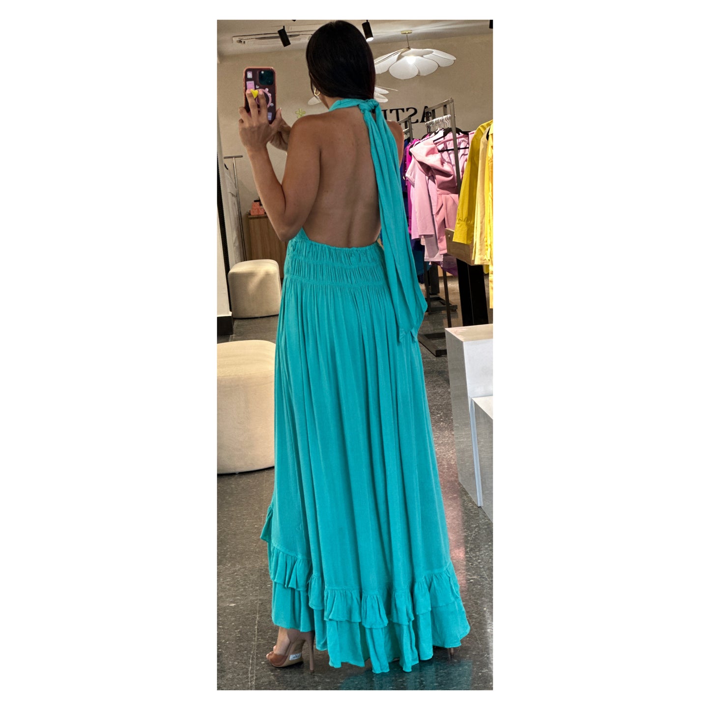 OCEAN BLUE CRINKLED RUFFLE HALTER DRESS