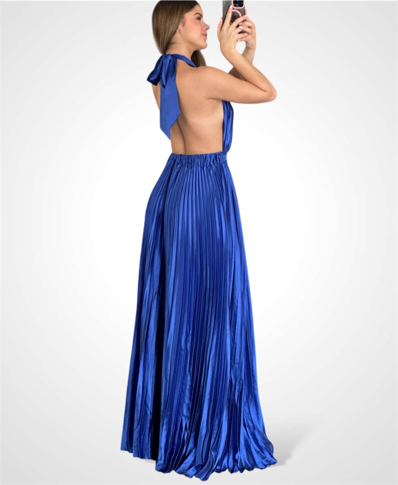 ROYAL BLUE SATIN PLEATED HALTER DRESS•-3