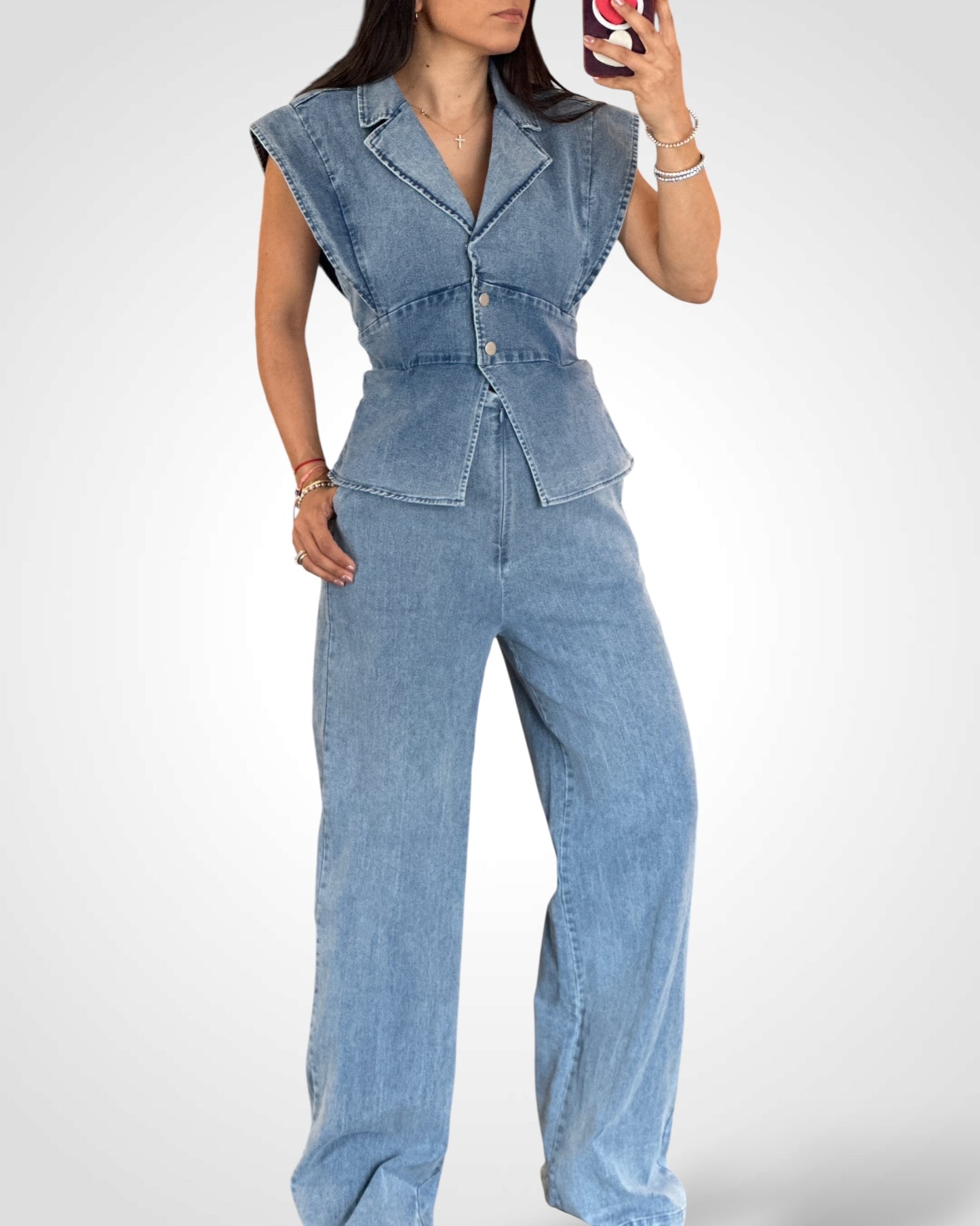 SJQ-Blazer Style Denim Jumpsuit