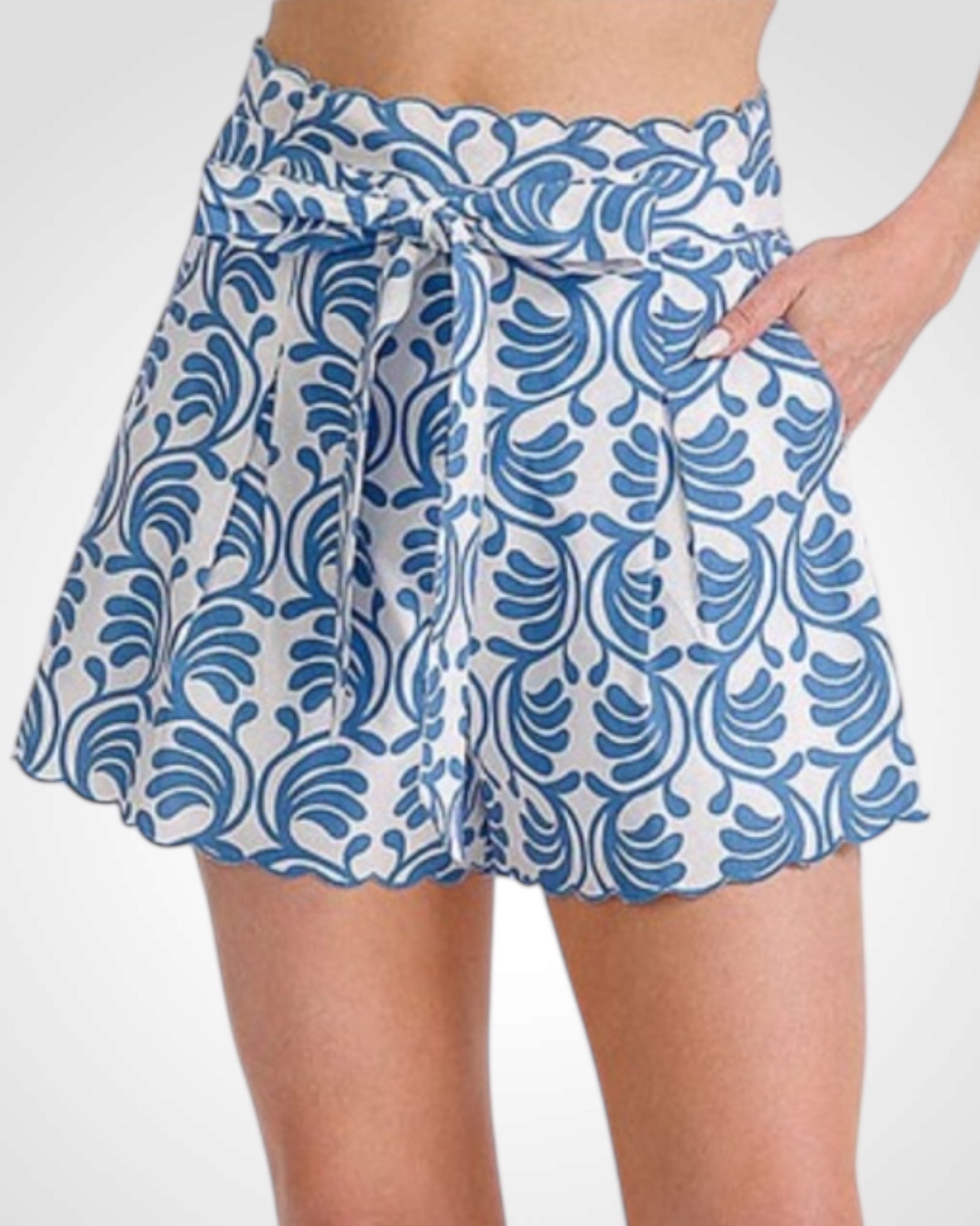Front Pockets Self Tie Multi Print Mini Shorts (Blue)•