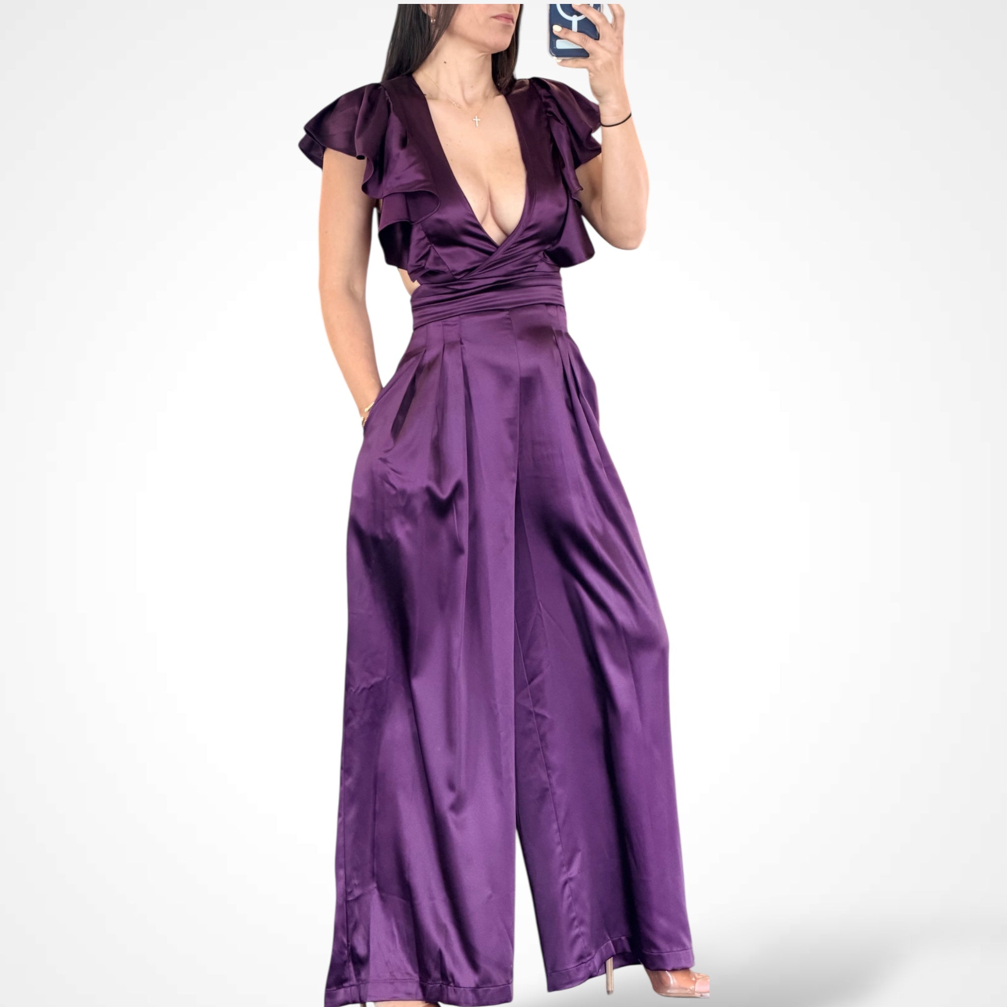 Plum Satin Ruffle Detail Jumpsuit•-1