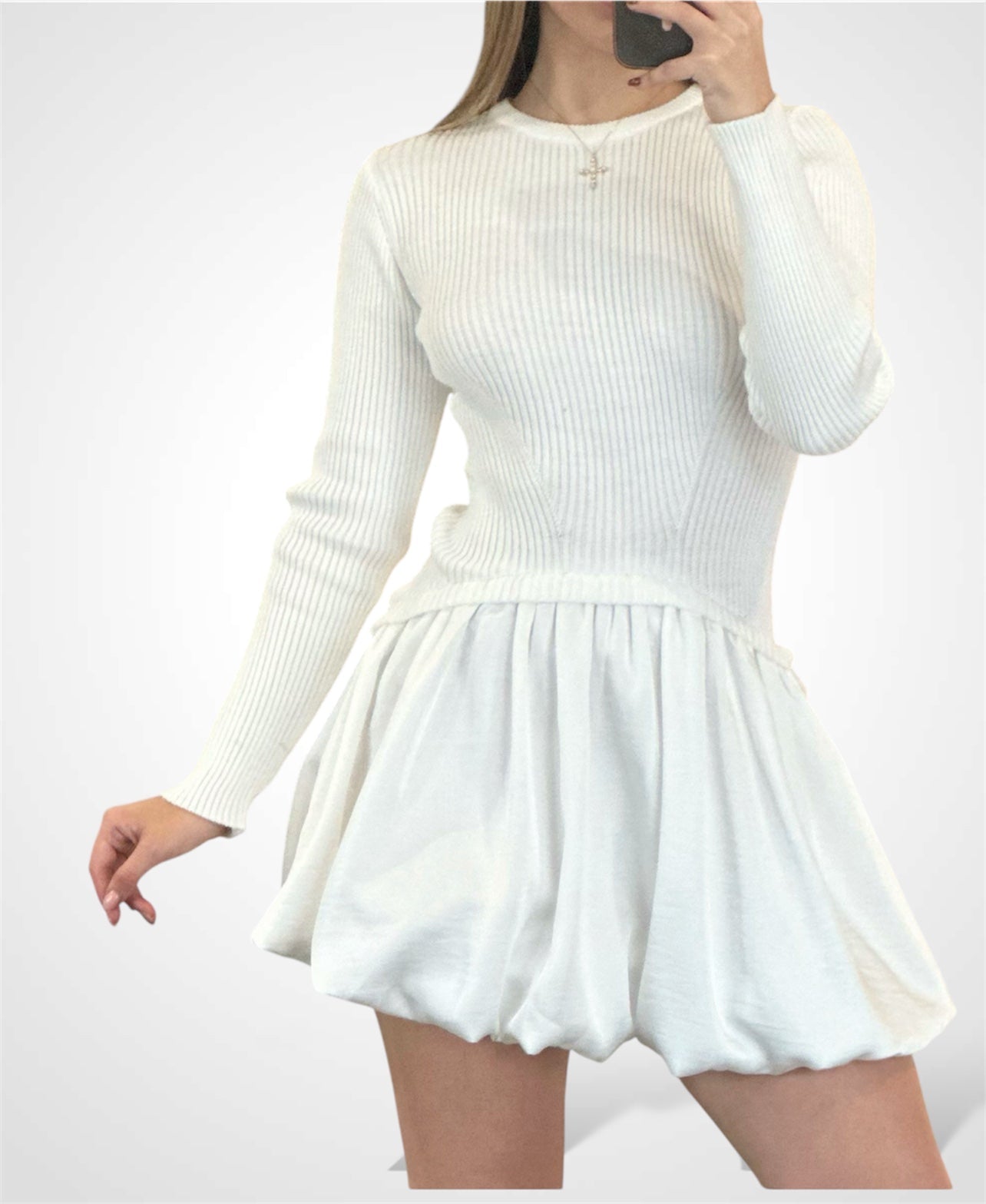 RIBBED SWEATER COMBINATION BUBBLE SKIRT MINI DRESS