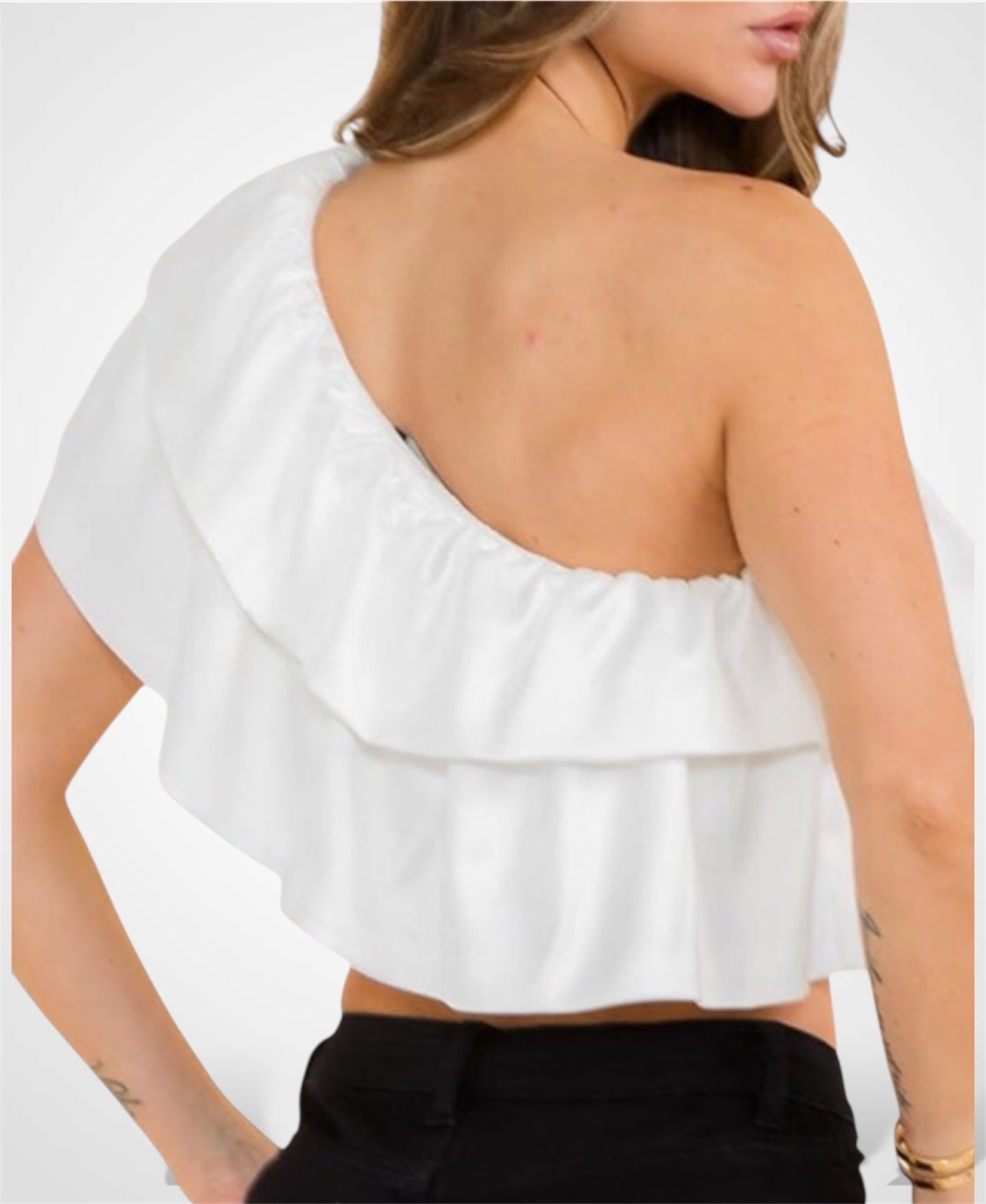 SOLID ONE SHOULDER RUFFLE DETAIL CROP TOP•-2